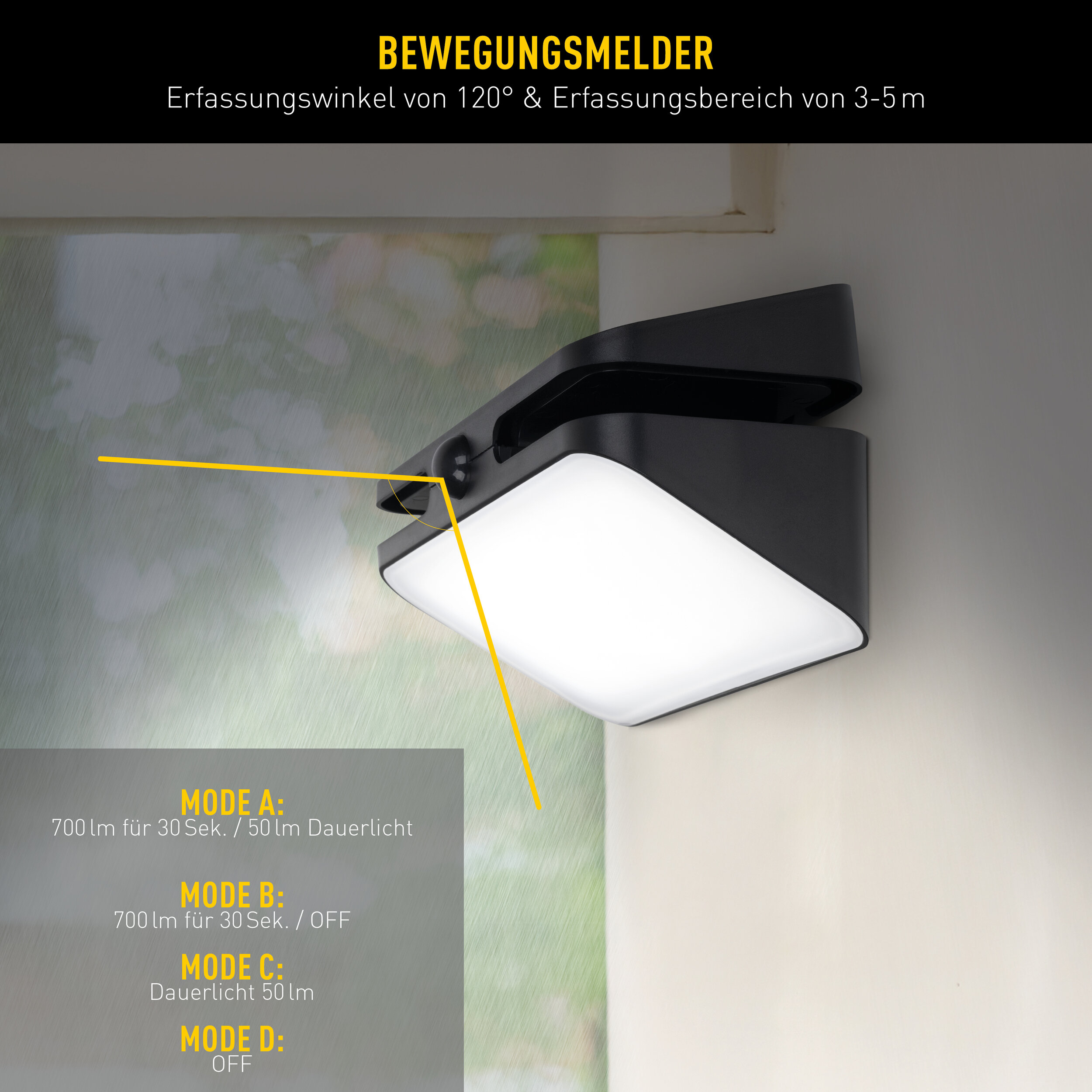 Schwarze Außenwandleuchte mit Bewegungsmelder, Erfassungsbereich und Betriebsmodi.