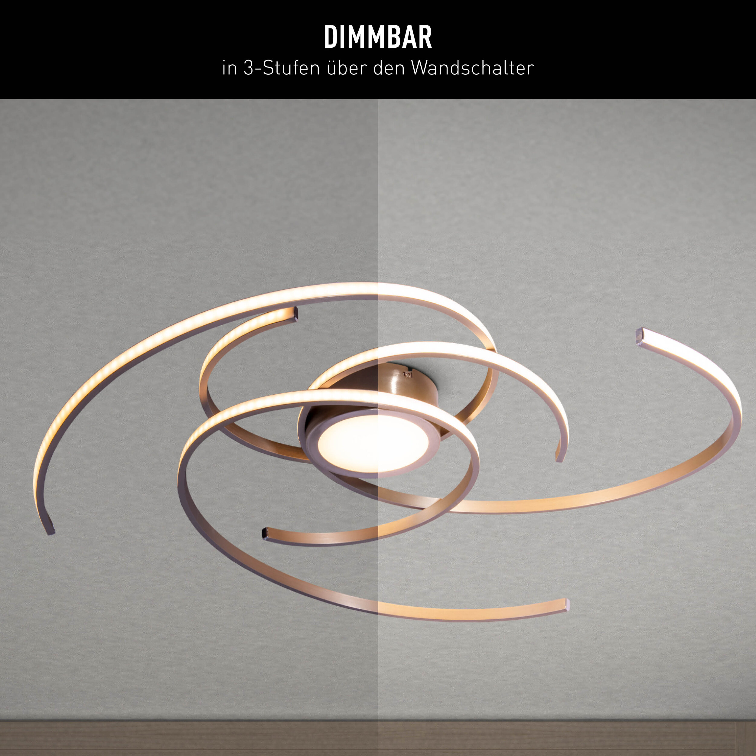 Moderne Deckenleuchte mit spiralförmigen Lichtelementen, dimmbar über den Wandschalter.