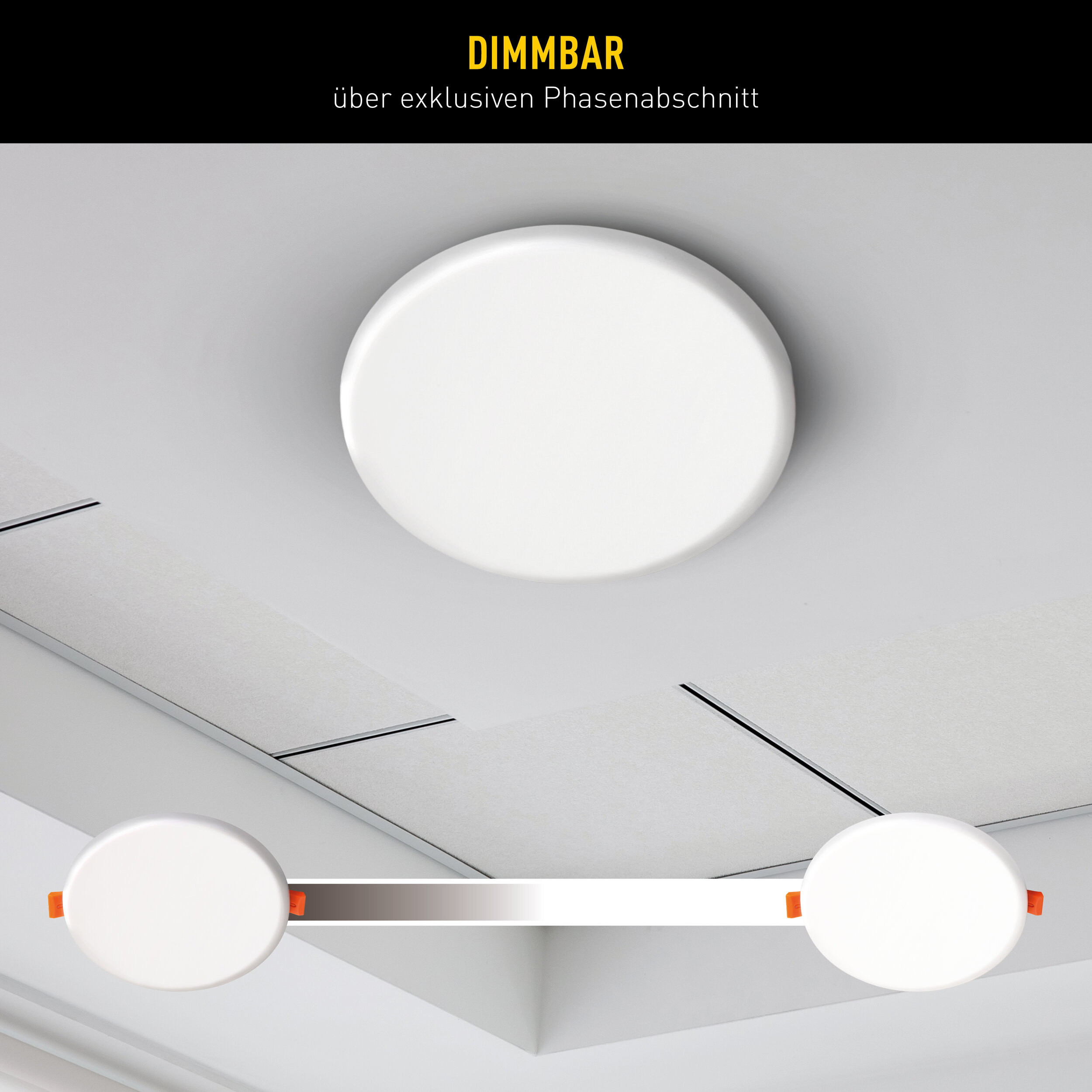 Dimmbare weiße LED-Deckenleuchte an einer modernen weißen Decke mit Text oben.