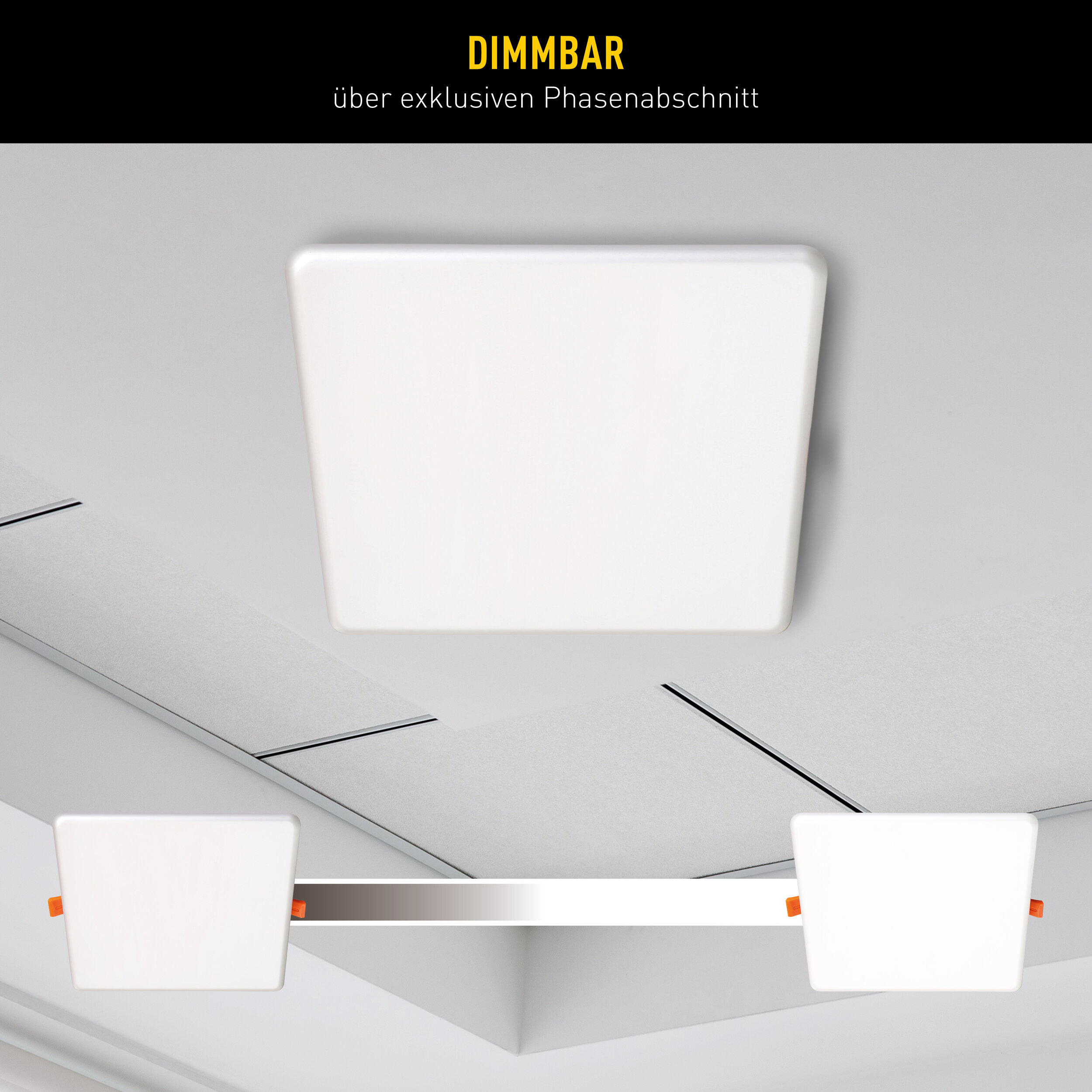 Eine weiße quadratische LED-Deckenleuchte an einer hellen Decke, mit Text oben und zwei kleineren Ansichten unten.