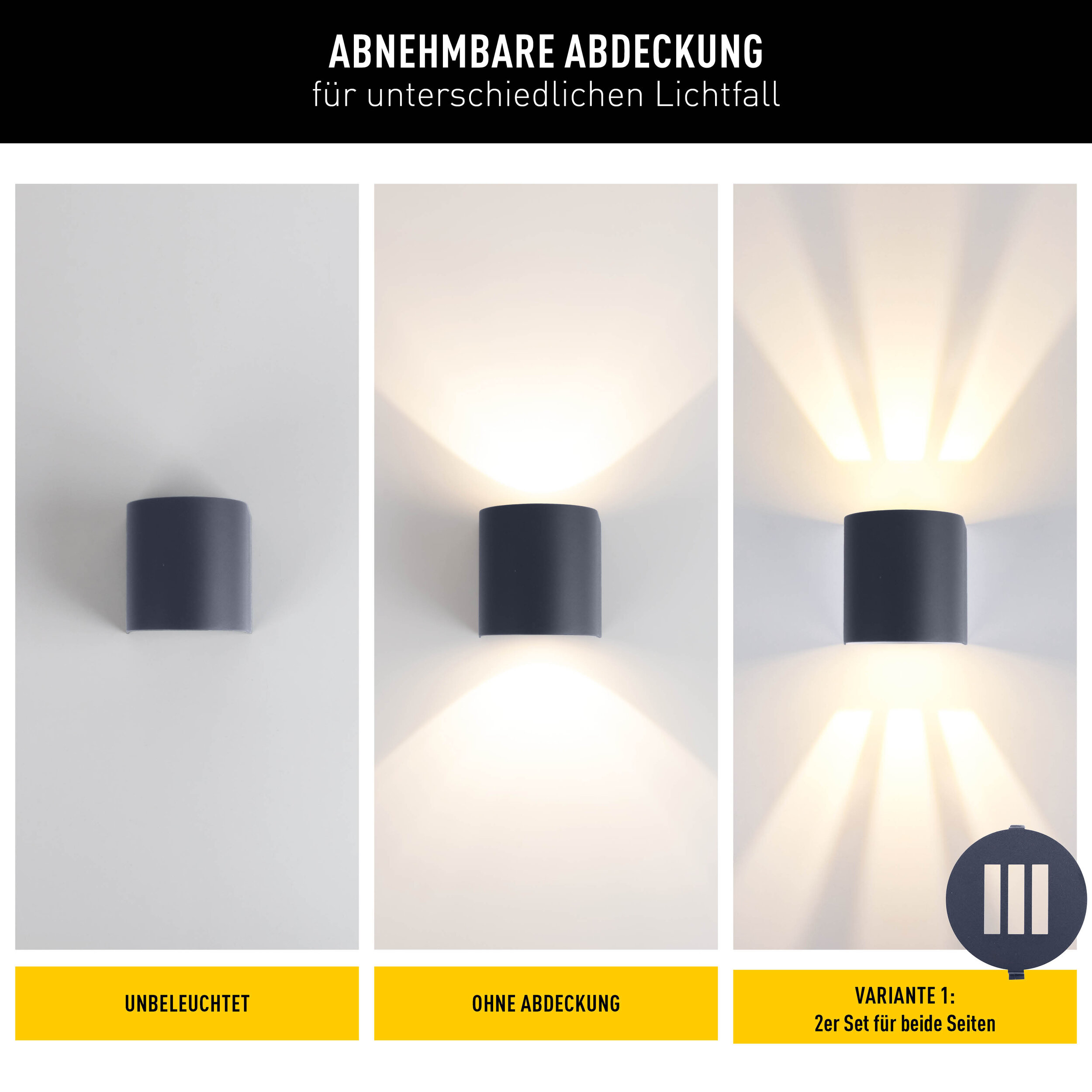 Drei Bilder zeigen eine graue Wandleuchte unbeleuchtet, ohne Abdeckung und mit dreistreifiger Lichtabdeckung.