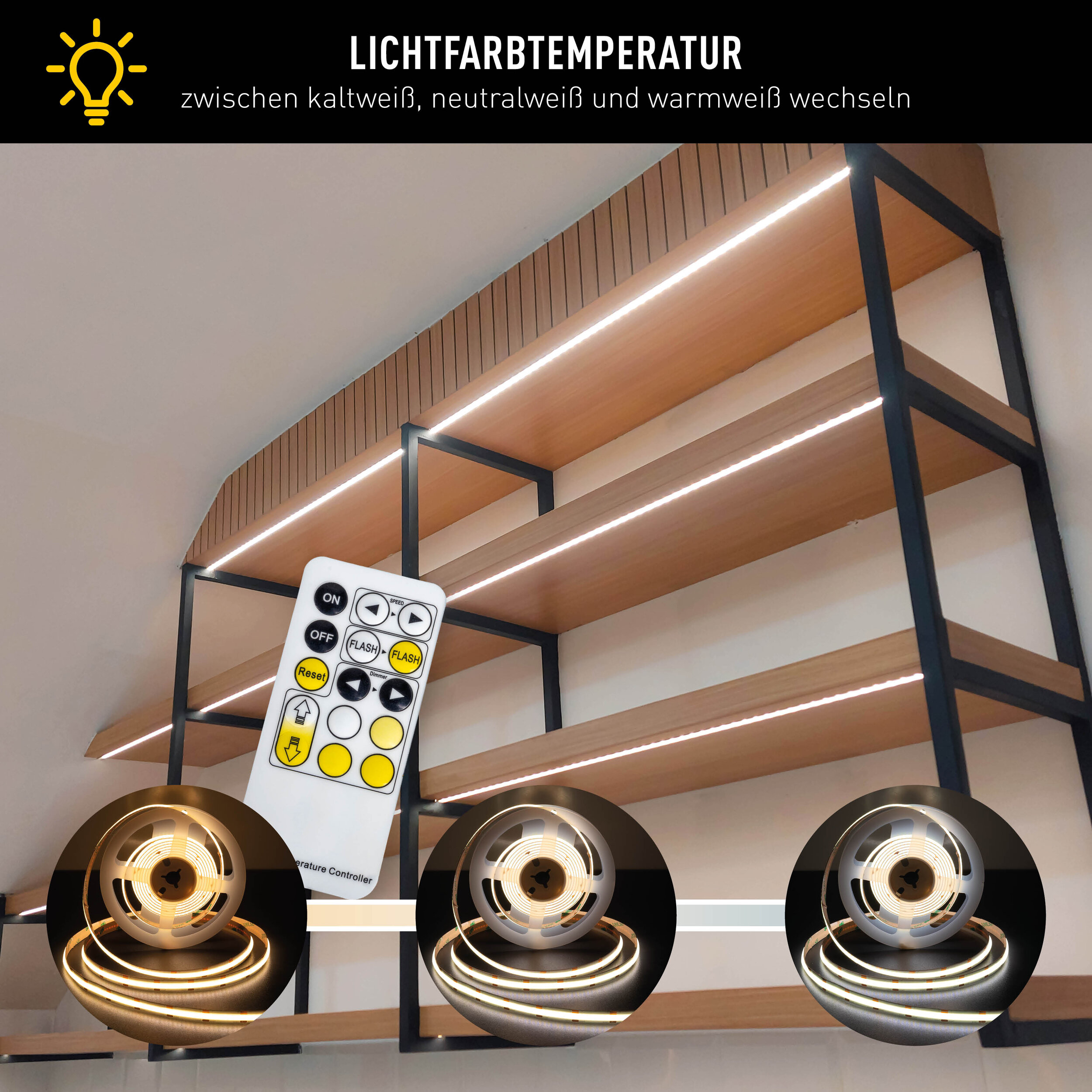 Holzregal mit schwarzem Metallrahmen und integrierter LED-Beleuchtung sowie einer Fernbedienung.