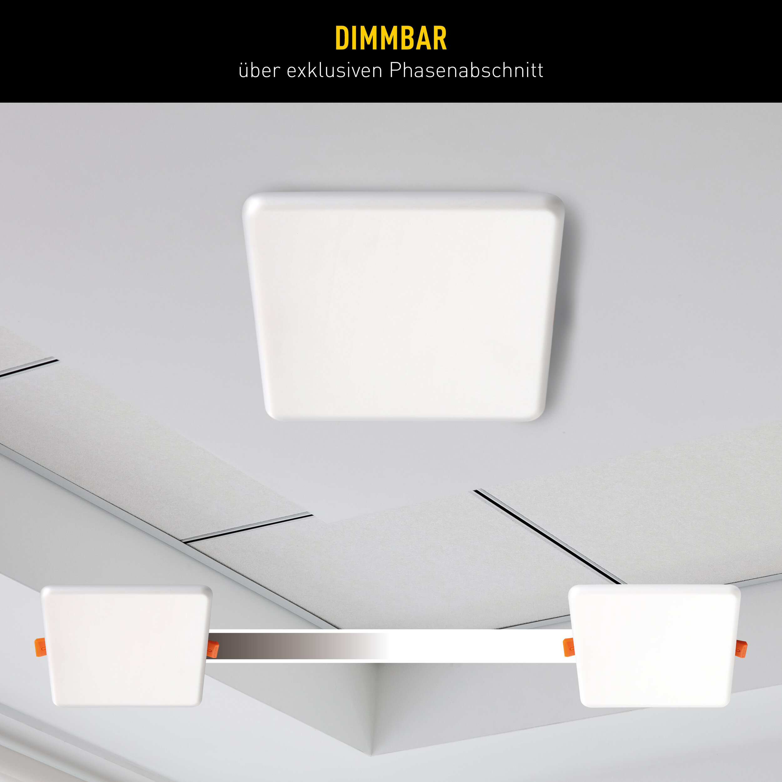 Drei weiße quadratische LED-Leuchten an einer hellen Decke, unten verbunden mit einer grauen Schiene.