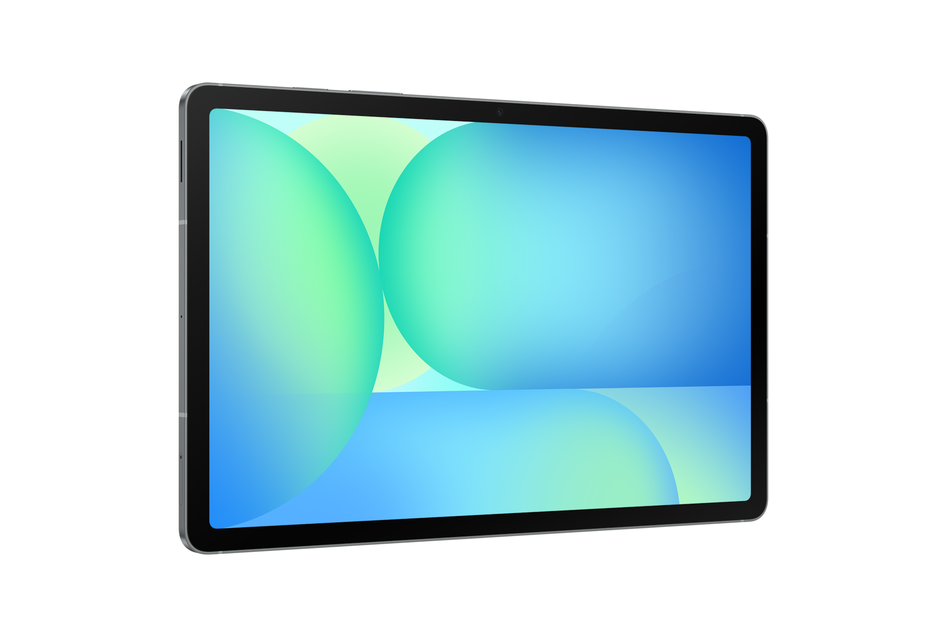 Ein Tablet mit dunklem Rahmen zeigt ein abstraktes Wallpaper aus blauen und grünen Blasen auf schwarzem Hintergrund.