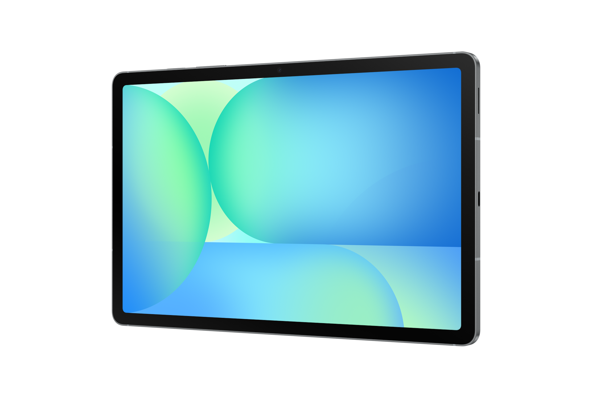 Ein Tablet mit einem blau-grünen abstrakten Hintergrundbild auf dem Bildschirm vor schwarzem Hintergrund.