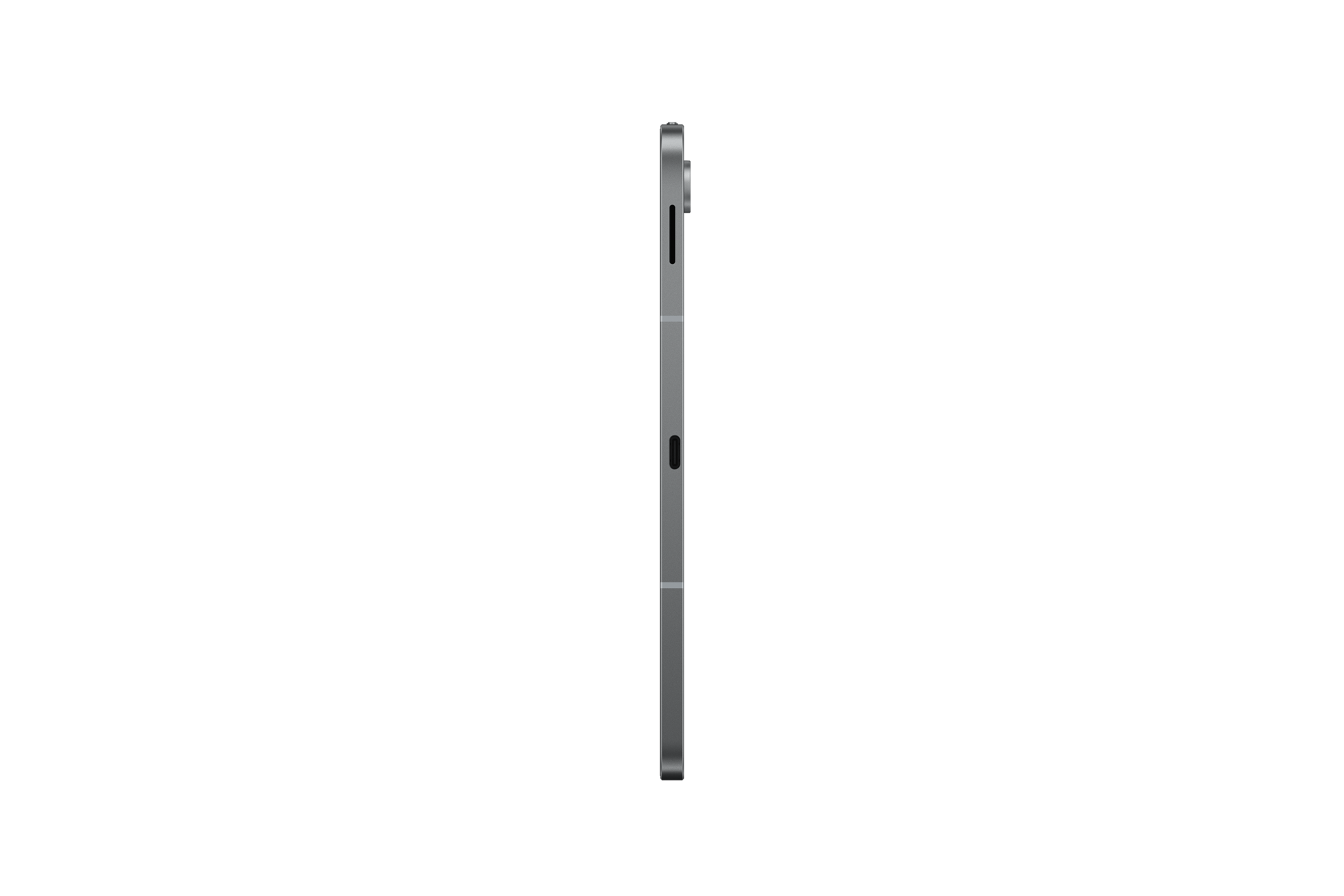 Profilo laterale di un tablet grigio su sfondo nero, che mostra pulsanti e porte.