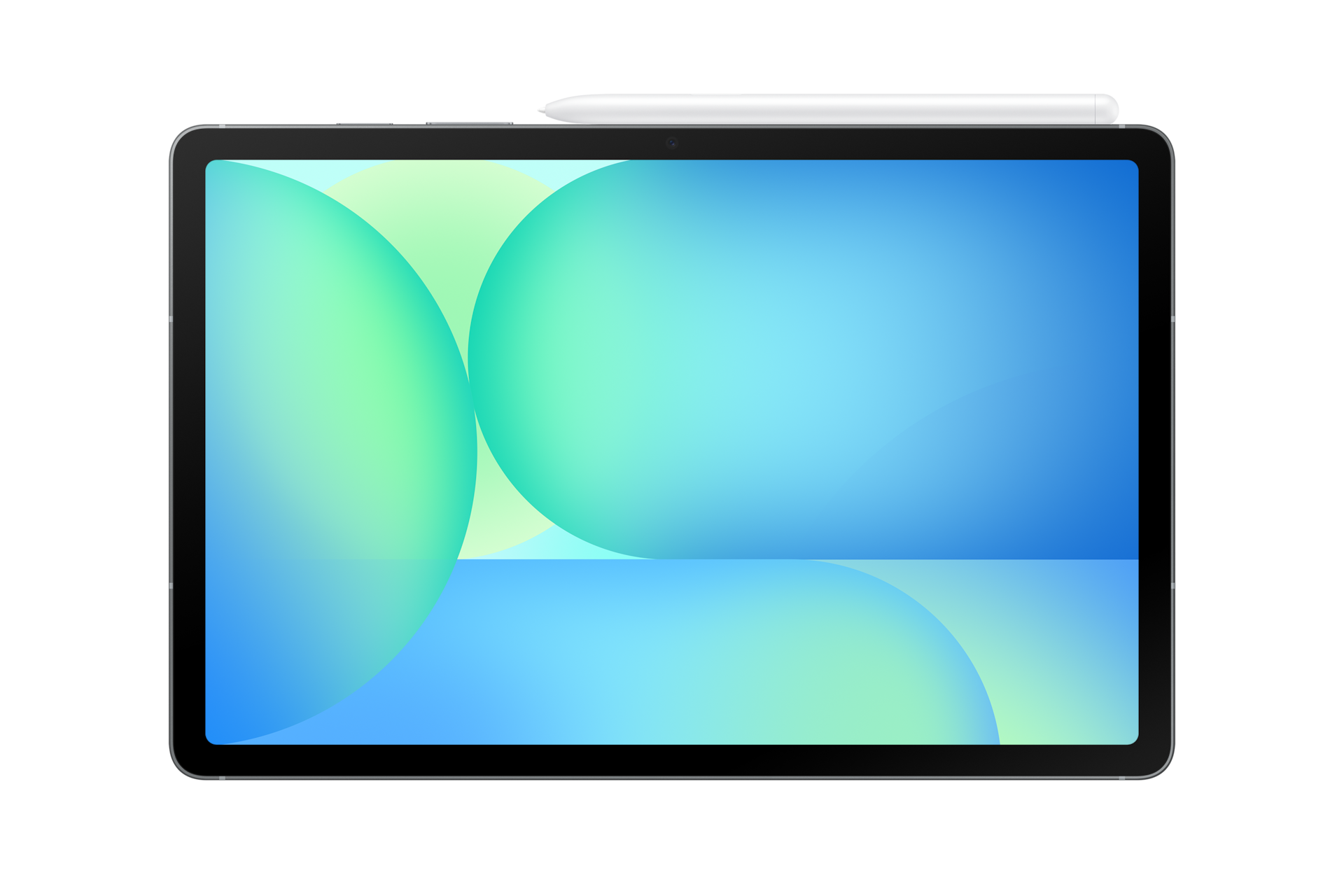 Ein Tablet mit blau-grünem Kreis-Hintergrund und einem Stift oben drauf vor schwarzem Hintergrund.