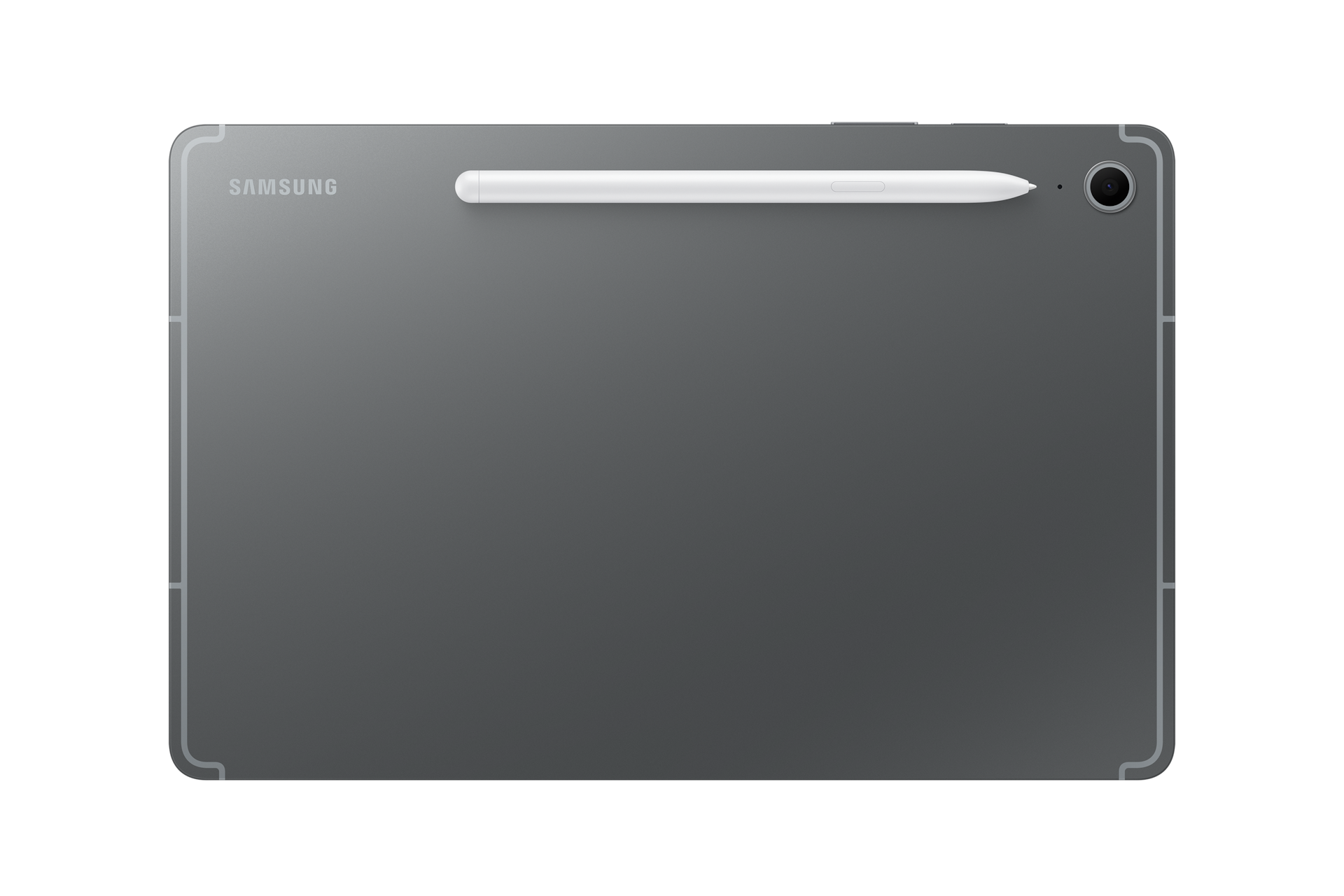 Rückseite eines grauen Samsung-Tablets mit einem weißen Eingabestift magnetisch auf der Rückseite.