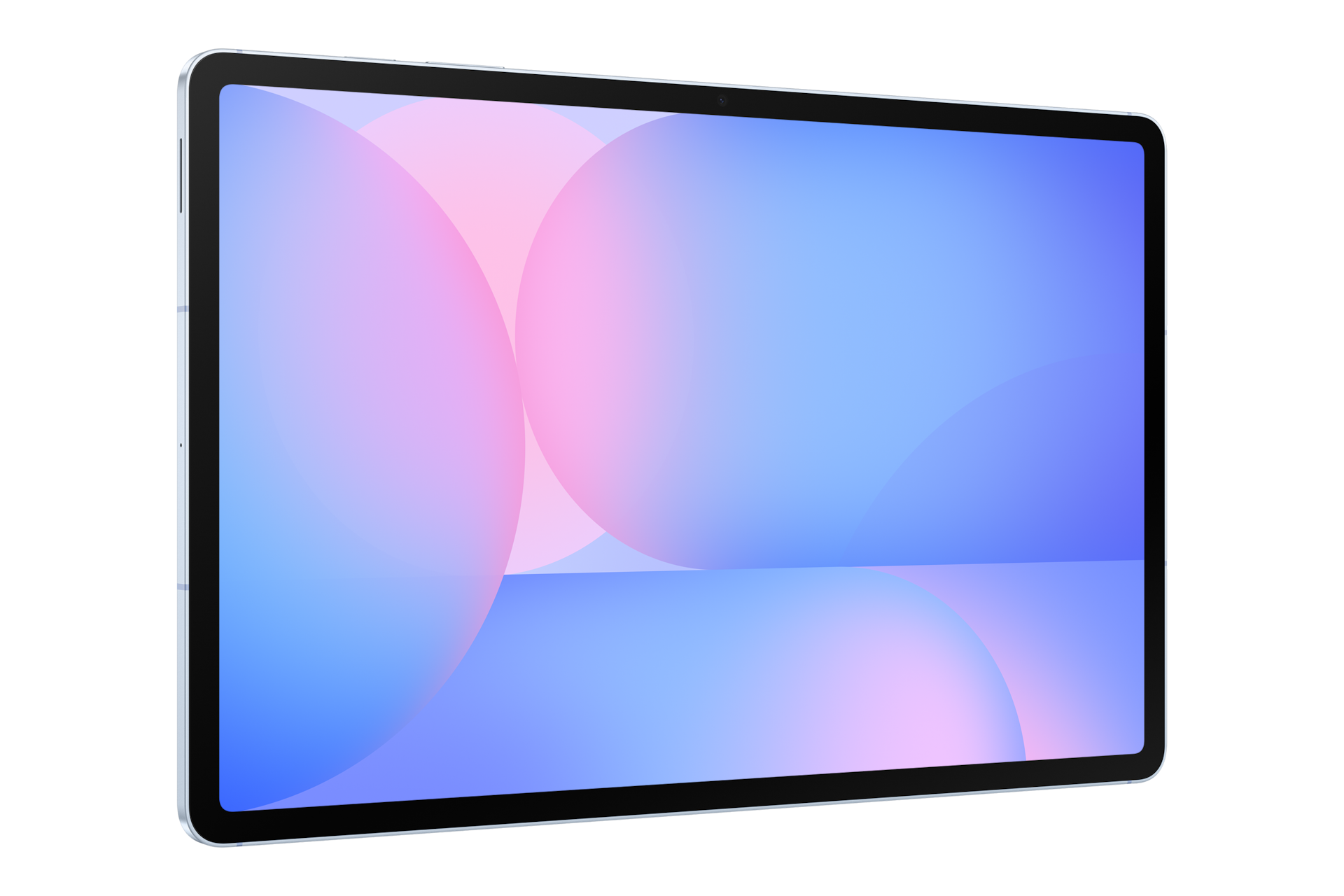Ein Tablet mit silbernem Rahmen und schwarzem Bildschirm zeigt ein abstraktes blau-pinkes Hintergrundbild.