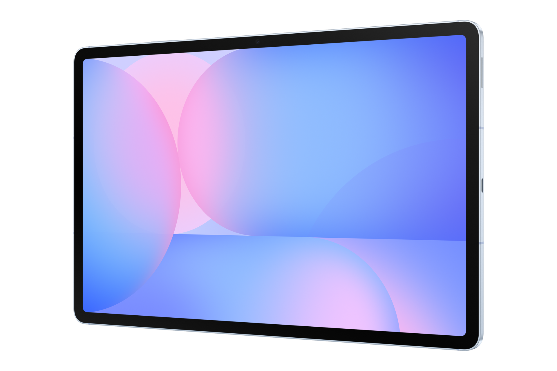 Un tablet con uno sfondo a motivo circolare azzurro e rosa sullo schermo.
