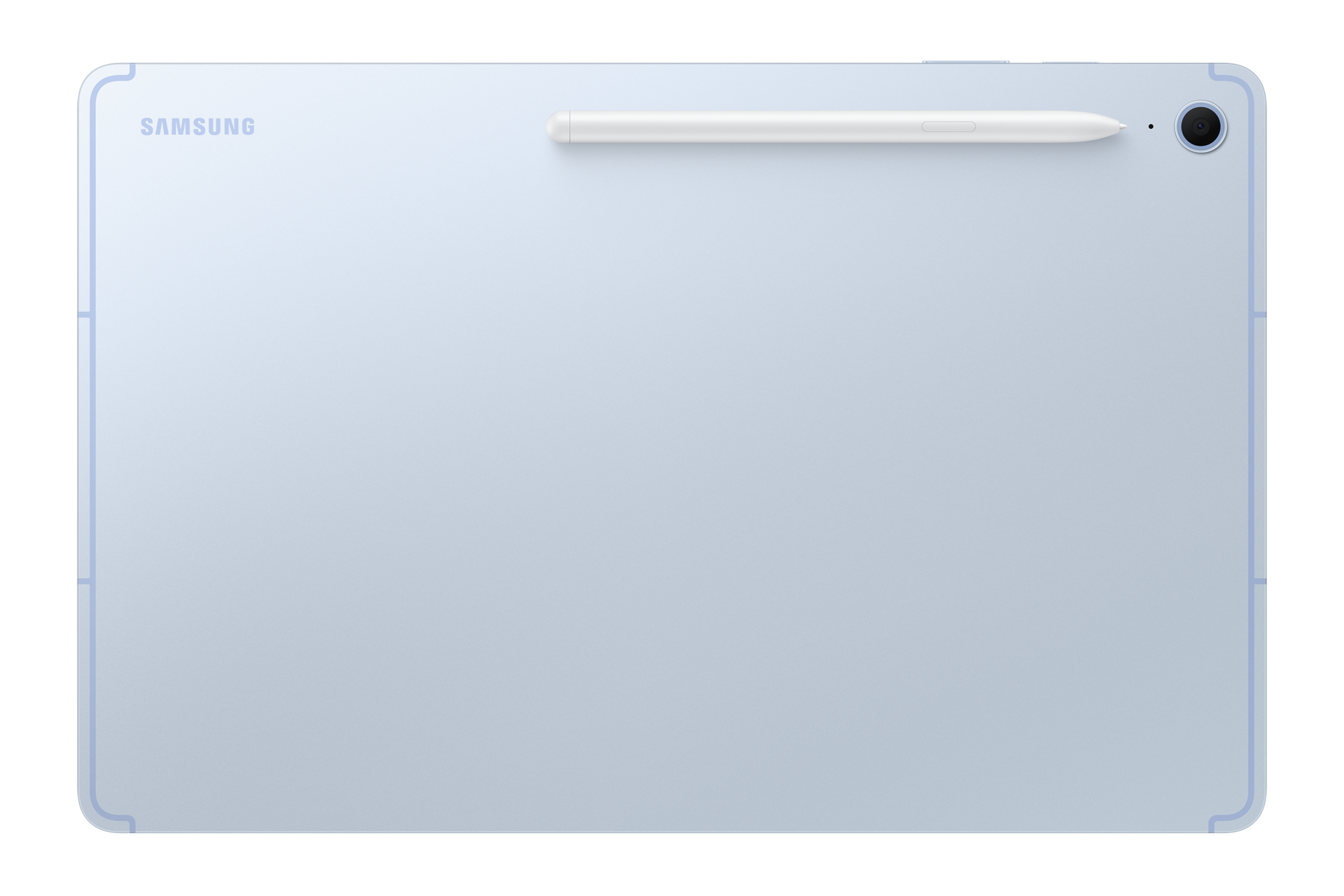 Rückseite eines hellblauen Samsung-Tablets mit anhaftendem weißen Eingabestift und Kamera.