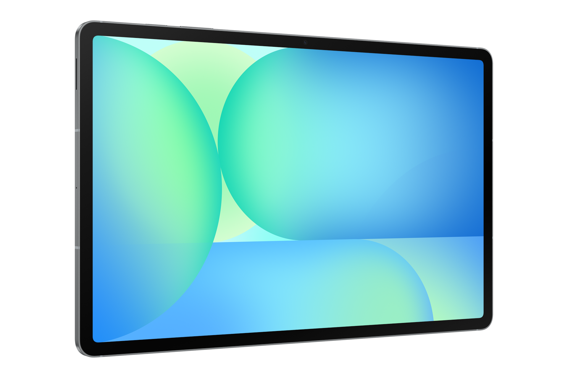 Una tableta muestra una pantalla colorida con círculos azules y verdes superpuestos.