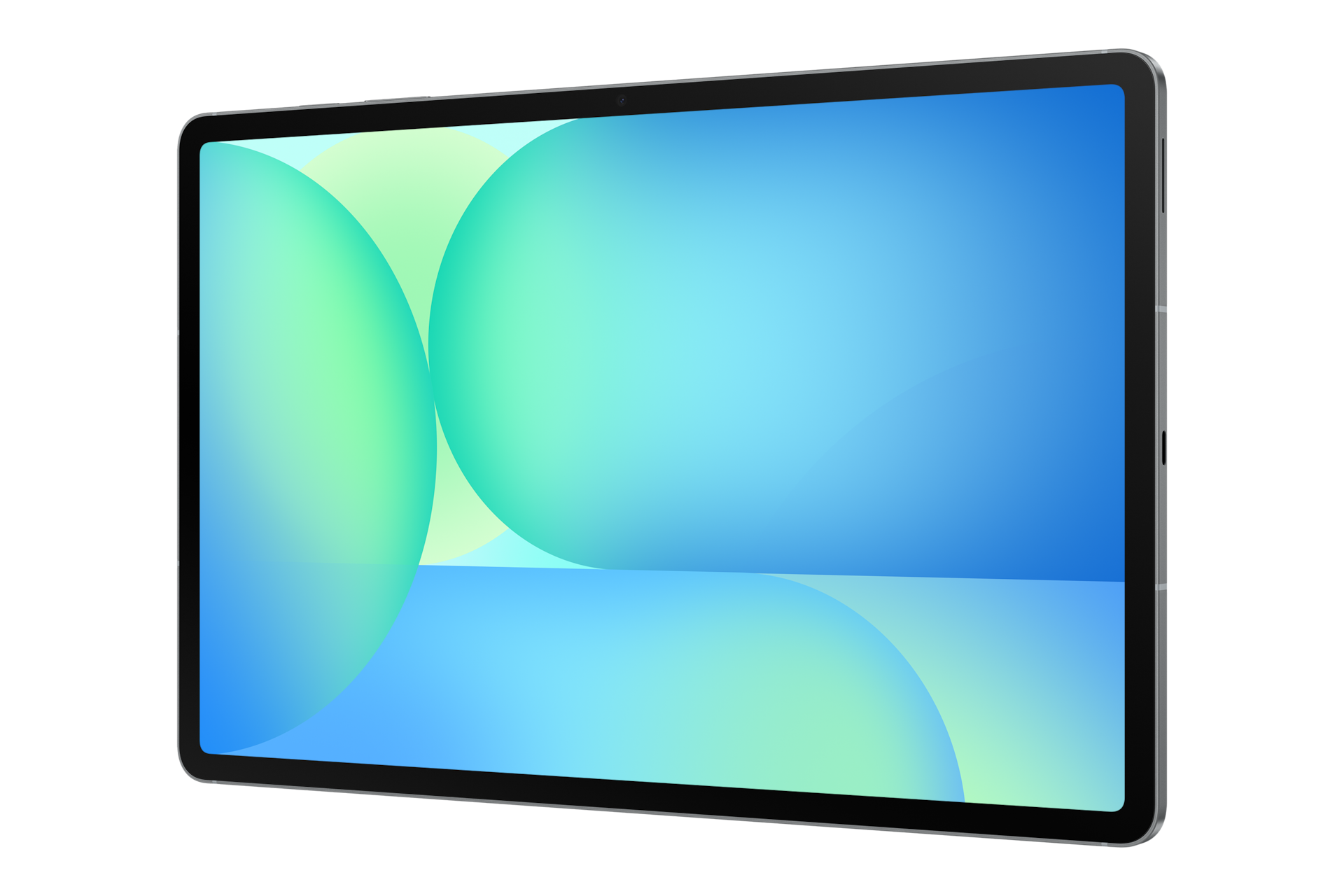 Una tableta con fondo de pantalla abstracto azul y verde sobre fondo negro.