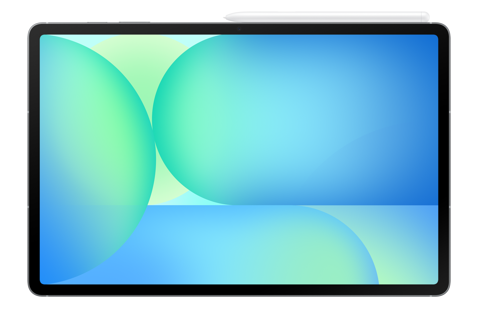 Una tablet con fondo azul y verde y un lápiz táctil encima, sobre un fondo negro.