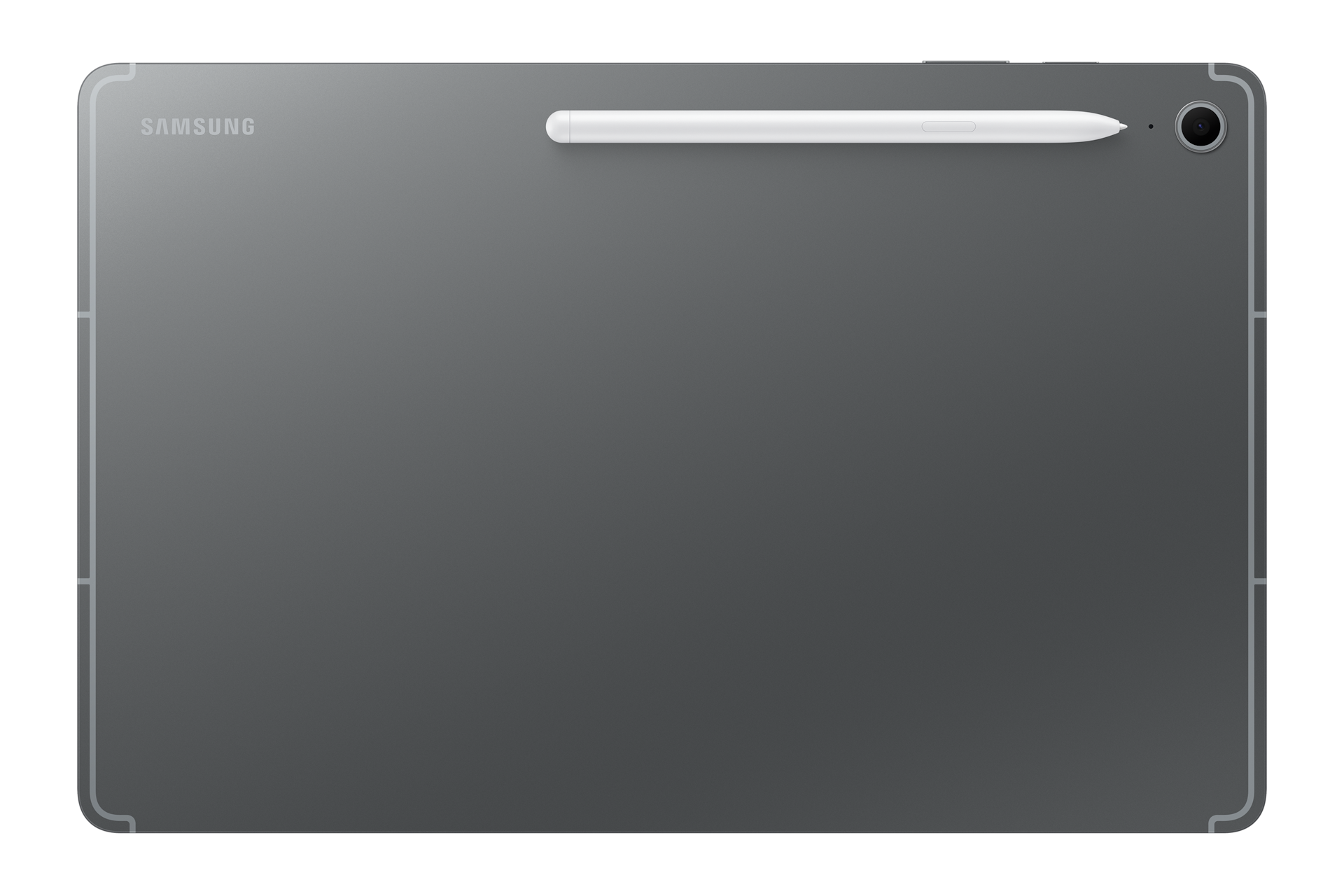 Parte trasera de una tablet gris Samsung con un lápiz óptico blanco adjunto, cámara y logotipo.