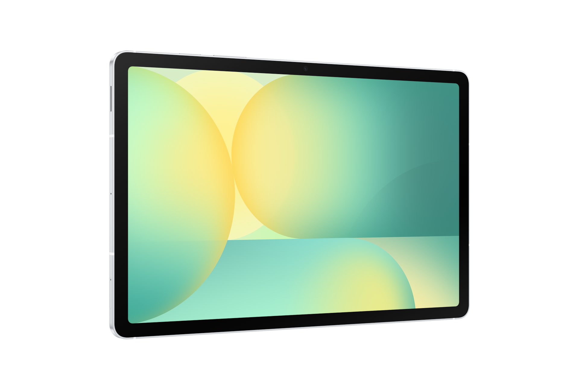 Tablet z jasnoniebieską i żółtą abstrakcyjną tapetą jest pokazany pod kątem na czarnym tle.