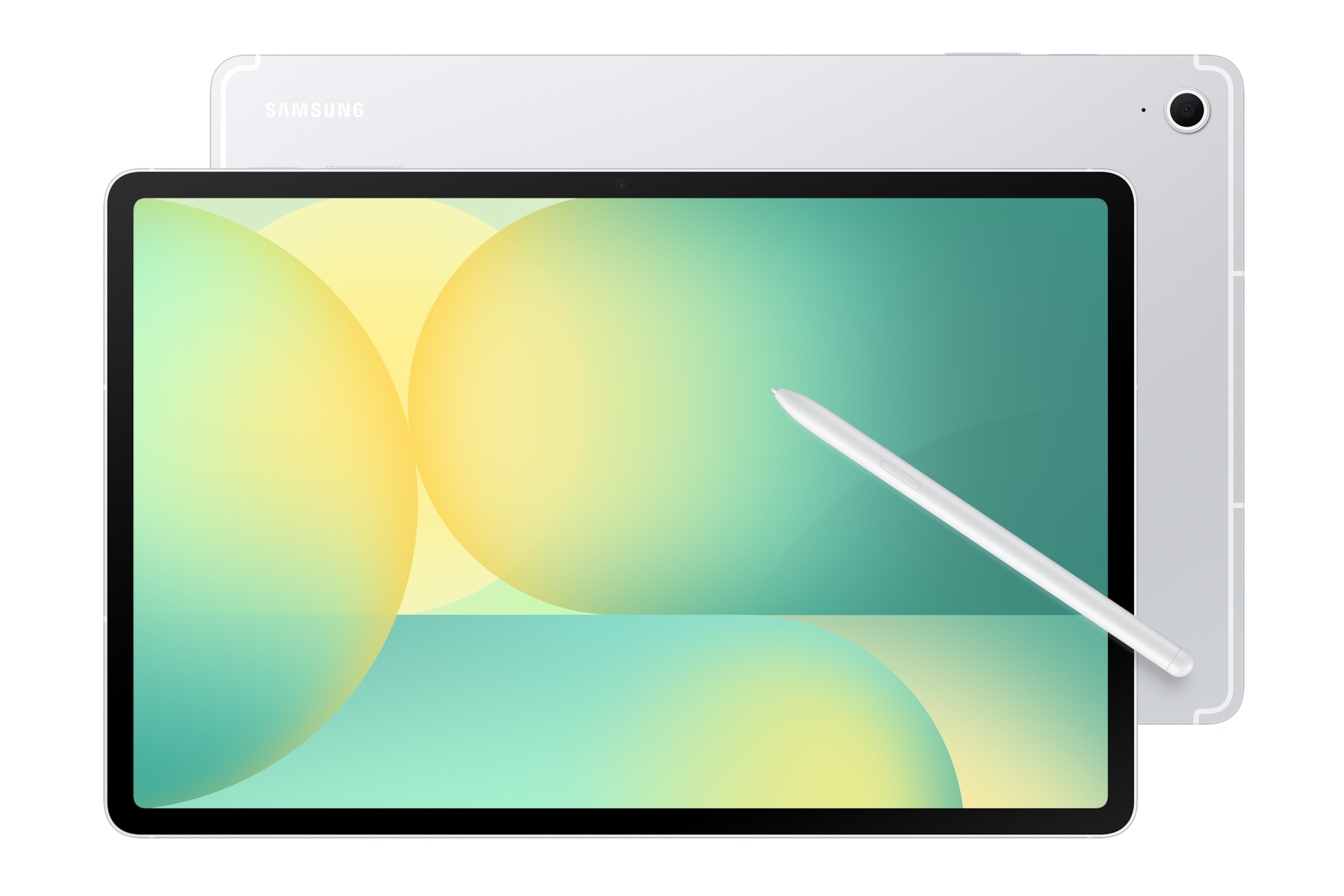 Ein weißes Samsung-Tablet mit Stift und farbigem Display zeigt sich vor schwarzem Hintergrund.