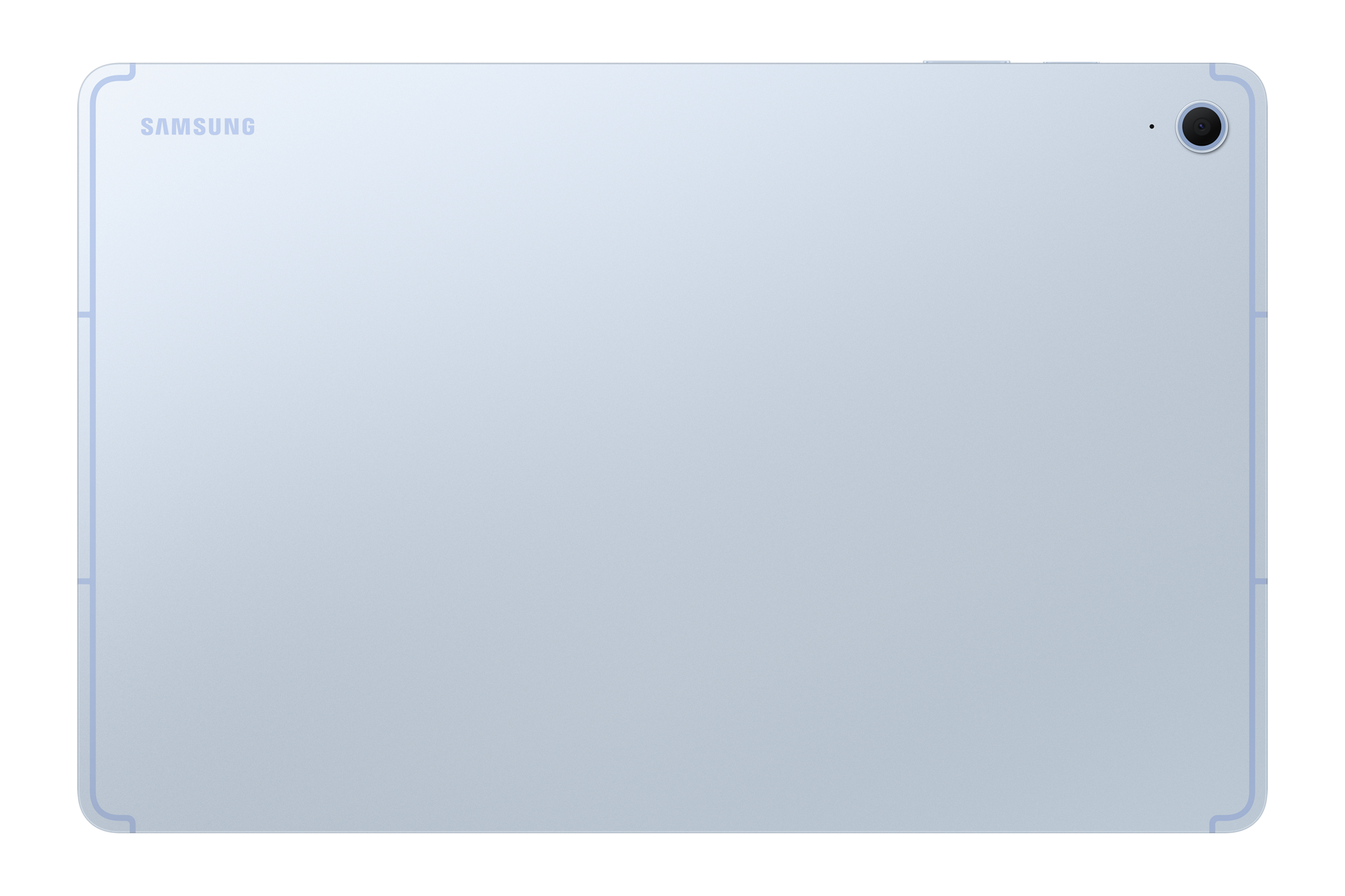 Rückseite eines hellblauen Samsung-Tablets mit einzelner Kamera oben rechts.