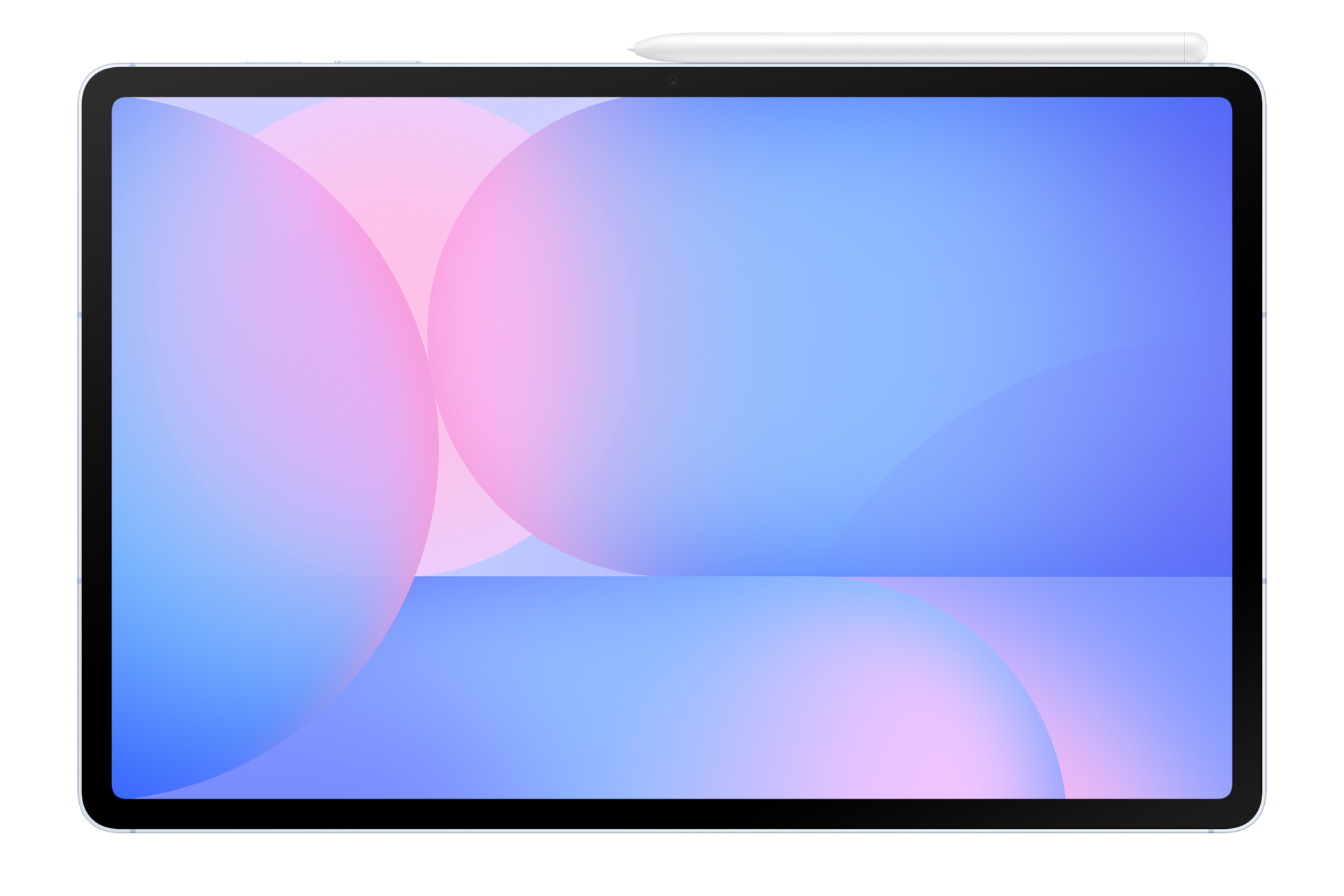 Ein Tablet mit einem abstrakt blau und rosa gemusterten Bildschirm und einem Stift oben drauf.