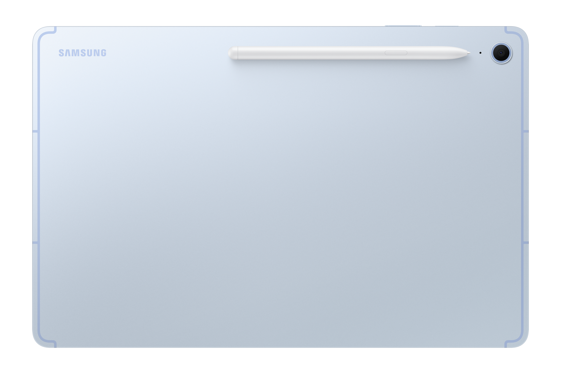 Rückseite eines hellblauen Samsung-Tablets mit weißem Eingabestift oben und einer Kamera.
