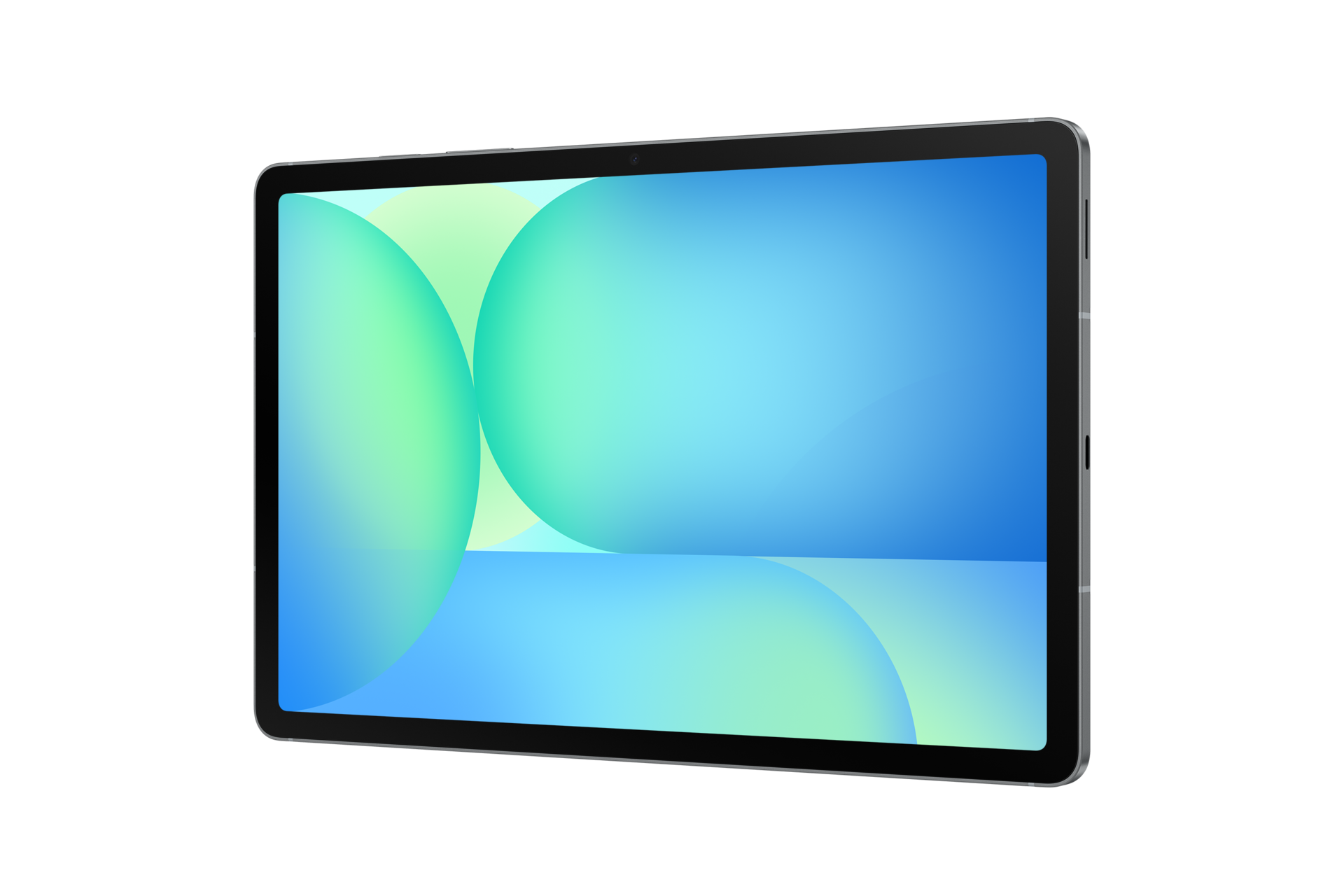Una tableta con marco oscuro que muestra un fondo de pantalla abstracto y colorido de esferas azules y verdes.
