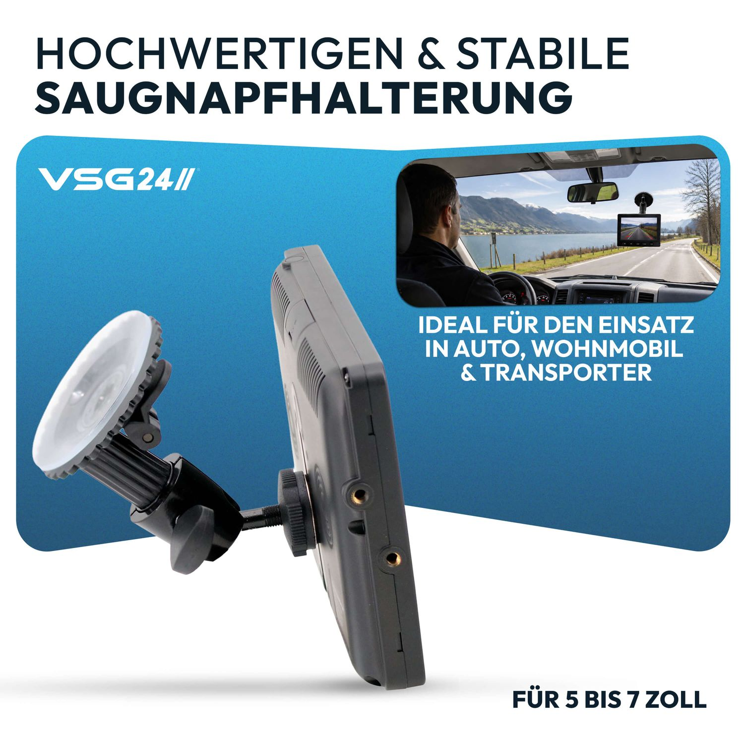 Stabile Saugnapfhalterung für Monitore im Auto, mit einem Inlay, das die Nutzung während der Fahrt zeigt.