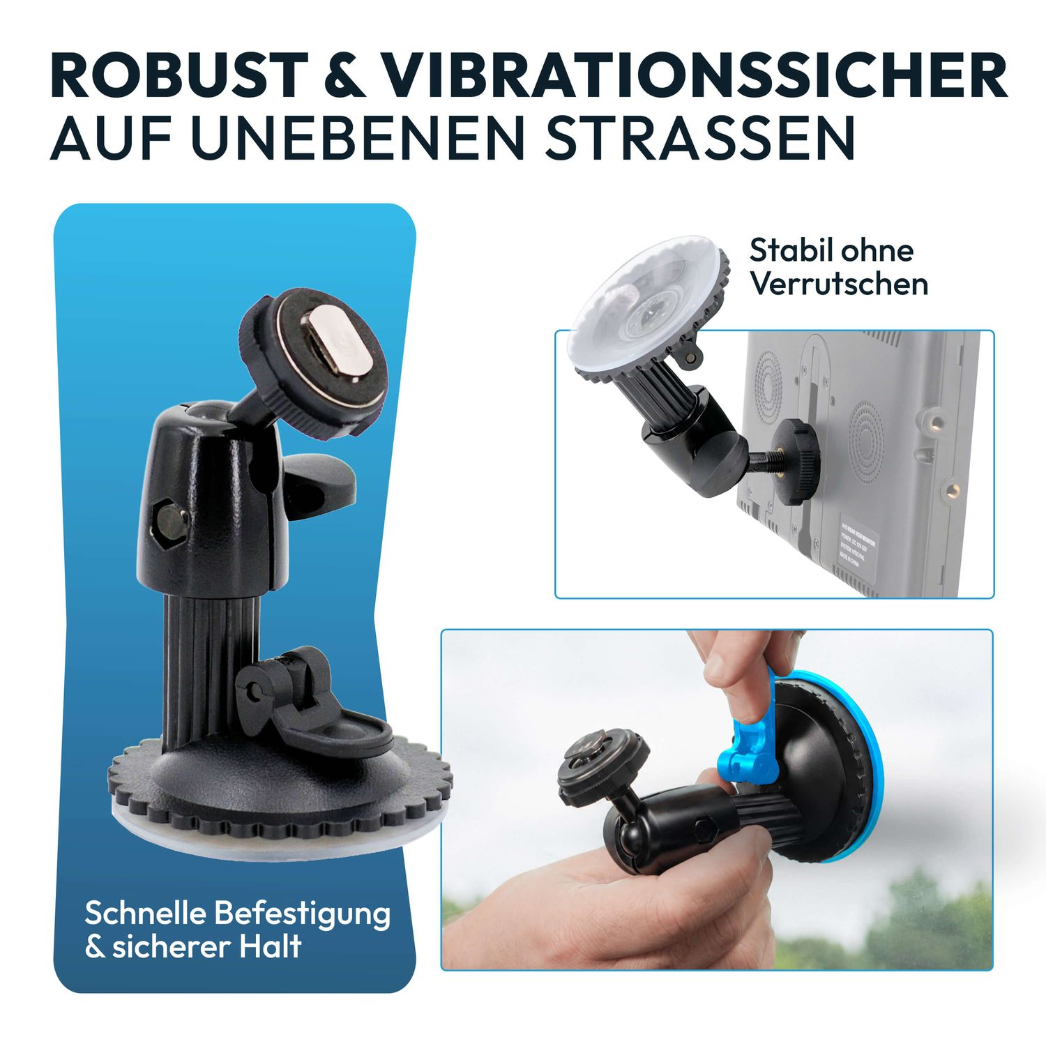 Schwarze Saugnapf-Halterung für Monitore mit Schnellverschluss und festem Halt auf unebenen Straßen.