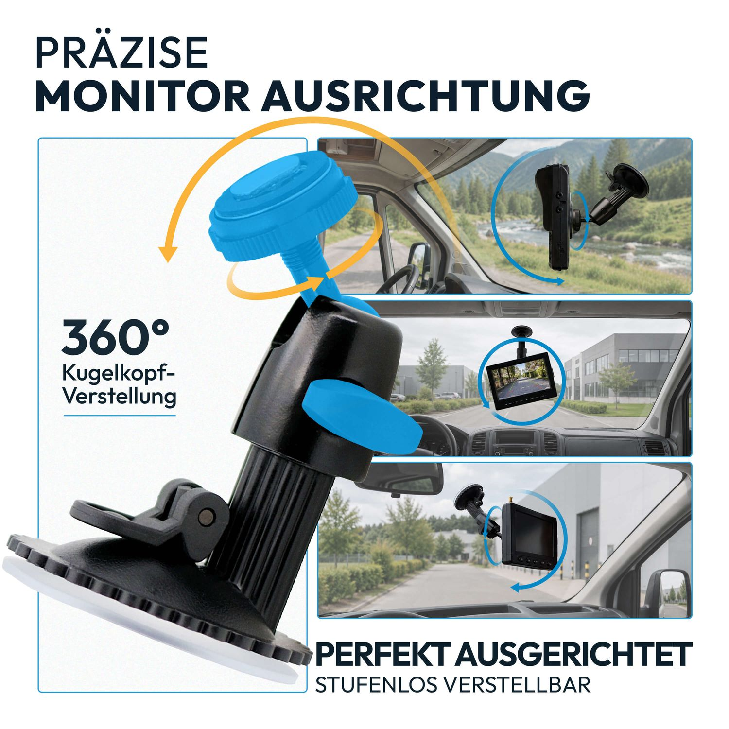 Ein schwarz-blauer Monitorhalter mit Saugnapf, der eine 360-Grad-Ausrichtung und flexible Nutzung im Fahrzeug zeigt.