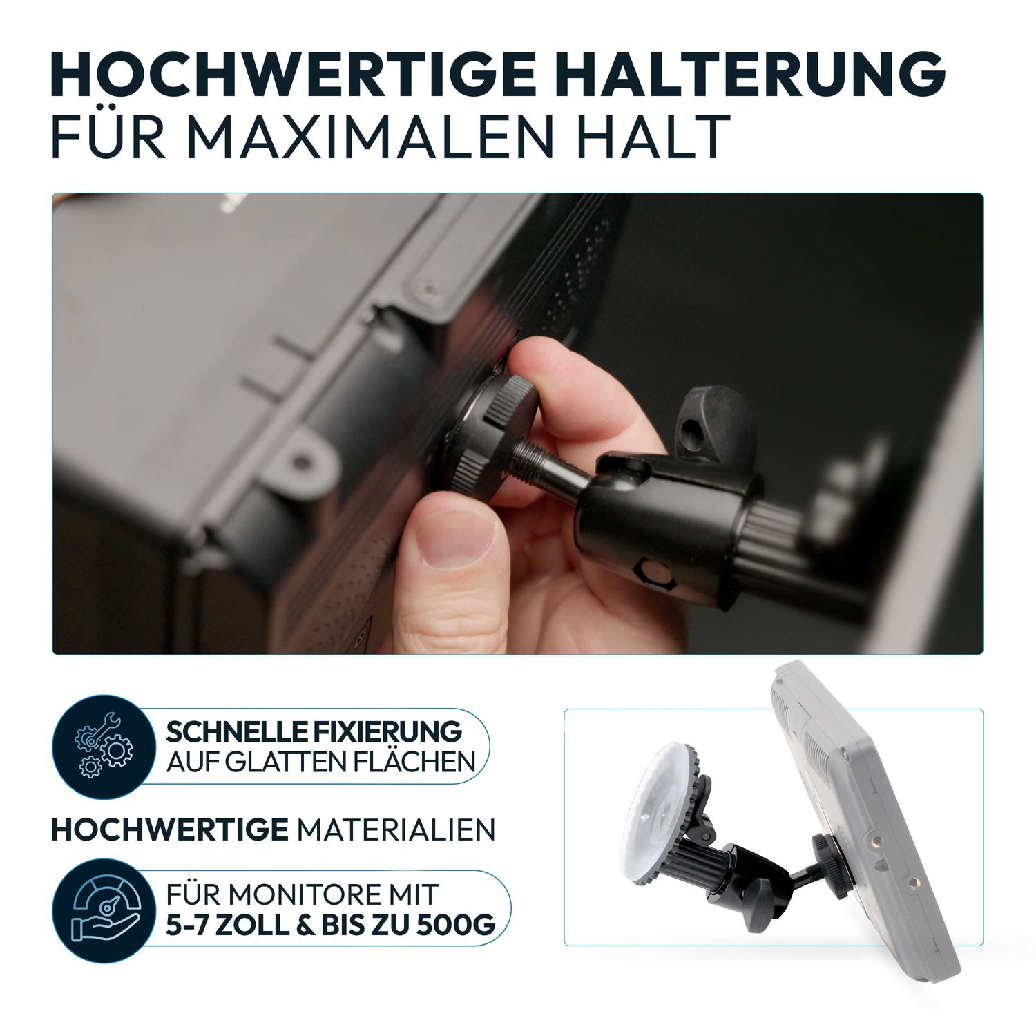 Hand befestigt einen Monitor an einer schwarzen Halterung mit Schraube vor dunklem Hintergrund.