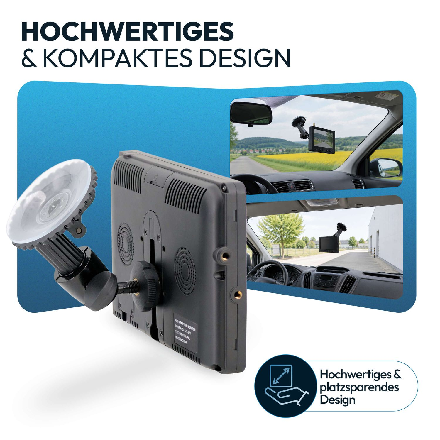 Rückfahrkamera mit Saugnapfhalterung im Auto, Text Hochwertiges und kompaktes Design.
