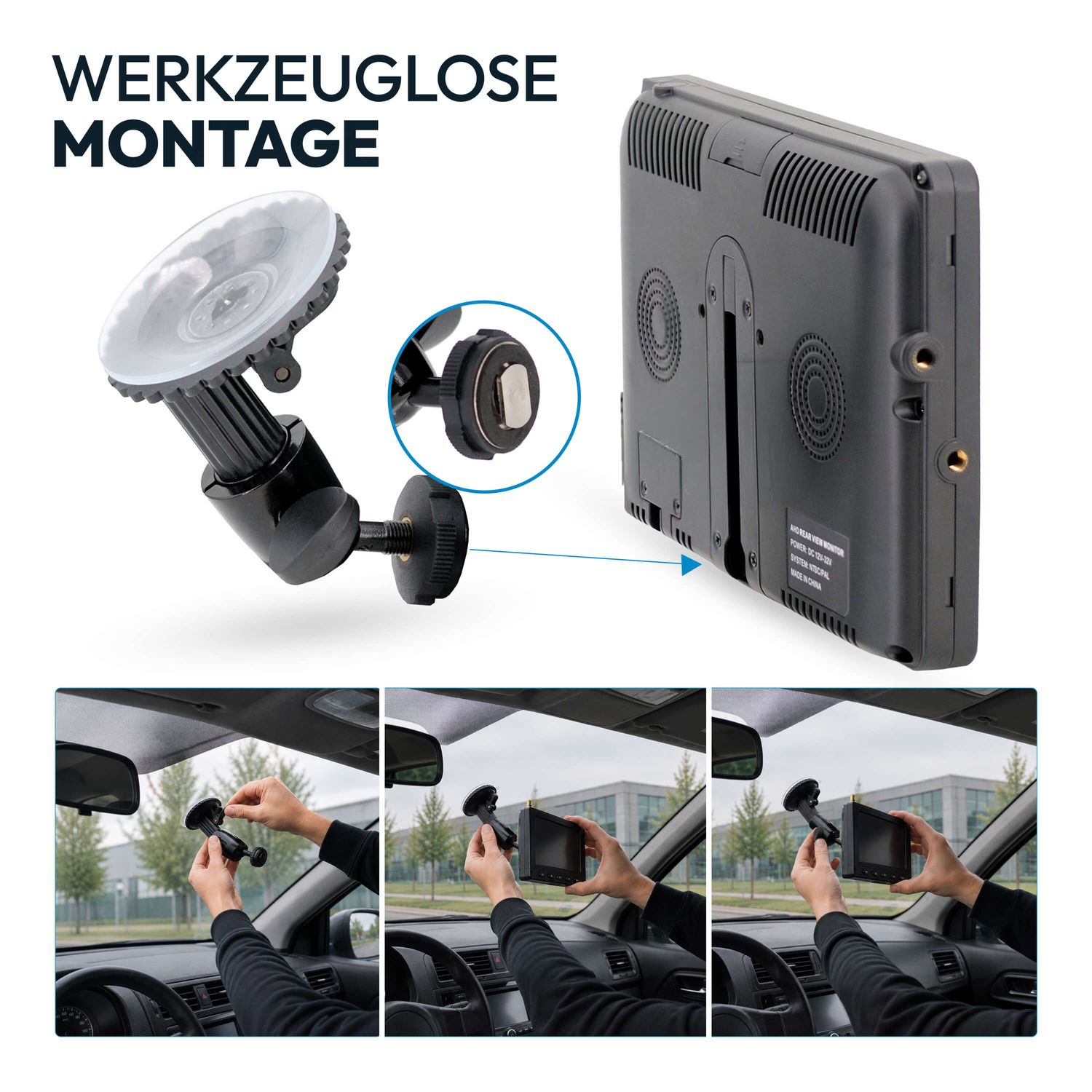 Werkzeuglose Montage: Saugnapf-Halterung wird an Monitor und Windschutzscheibe angebracht.