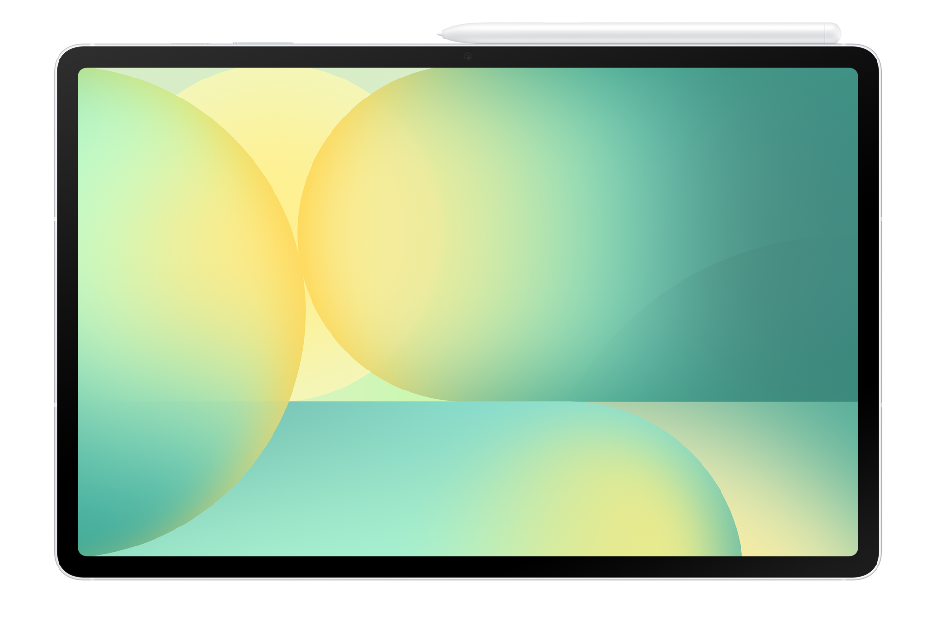 Ein Tablet mit einer abstrakten, grün-gelben Farbverlauf-Hintergrundgrafik und einem Stift oben.
