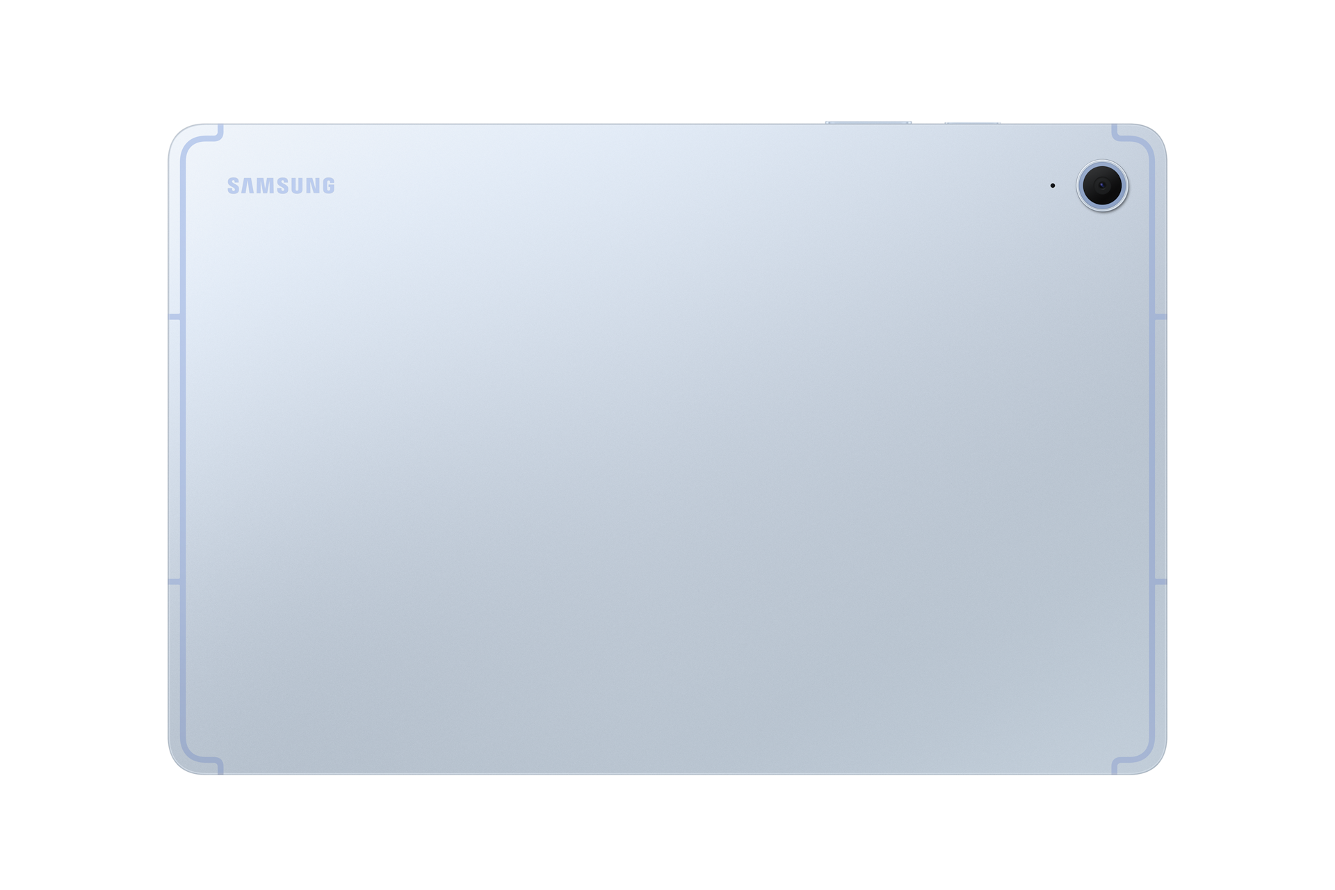 Rückseite eines hellblauen Samsung-Tablets mit Kamera oben rechts und Samsung-Logo.