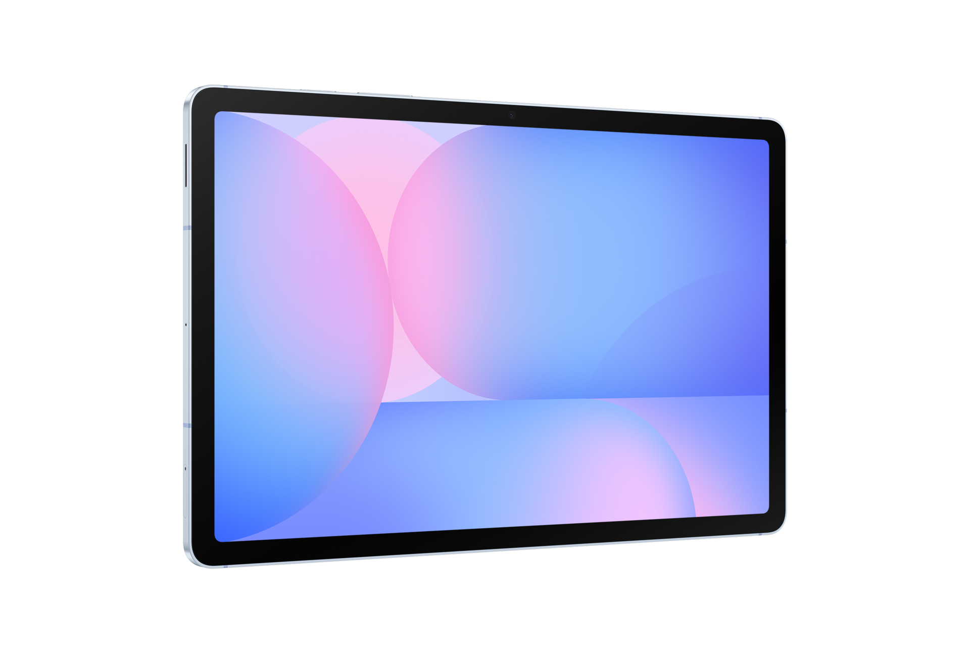 Ein Tablet mit einem abstraktem, blau-pinken Hintergrund auf dem Bildschirm gegen einen schwarzen Hintergrund.