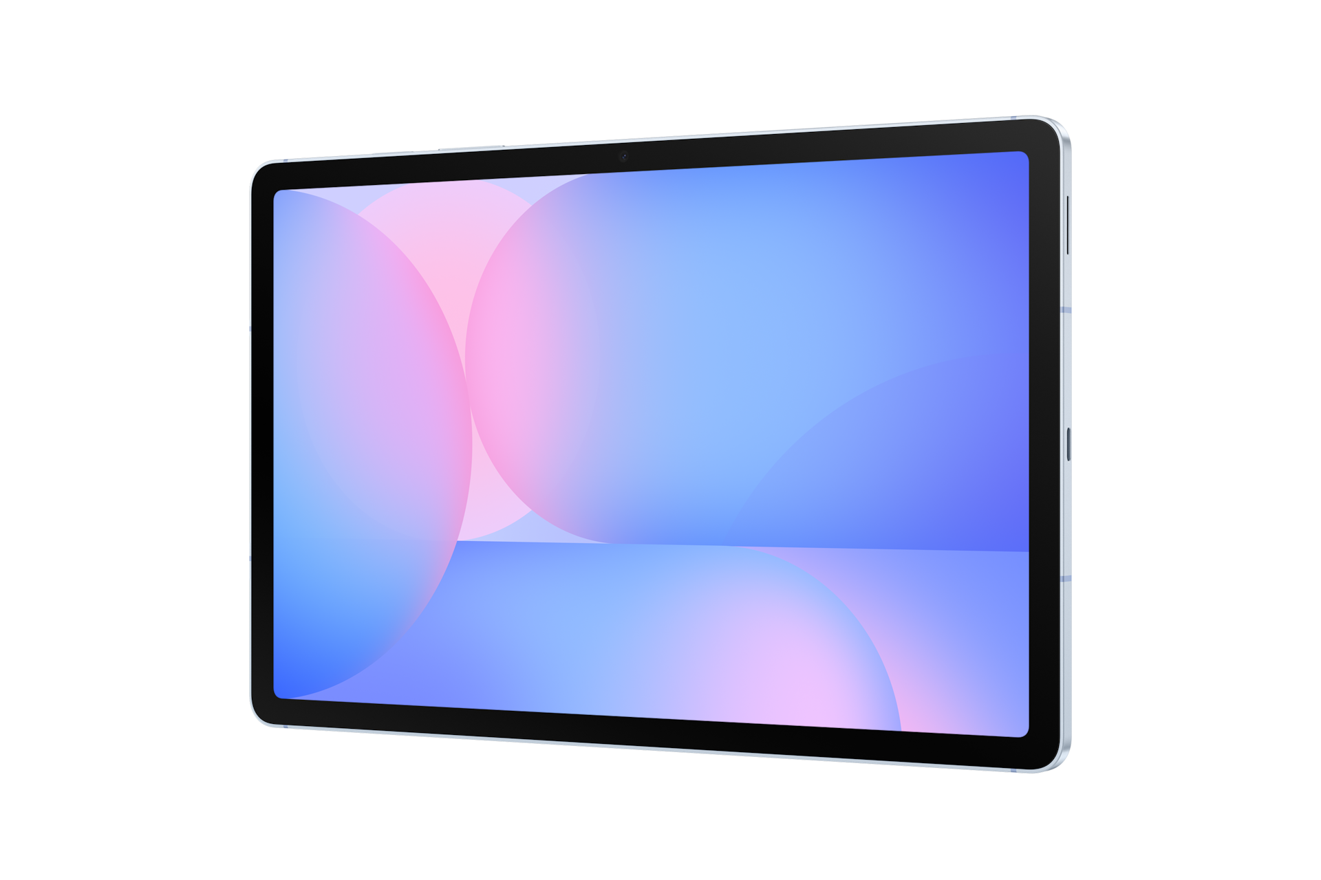 Un tablet con uno sfondo astratto azzurro e rosa sullo schermo, isolato su sfondo nero.