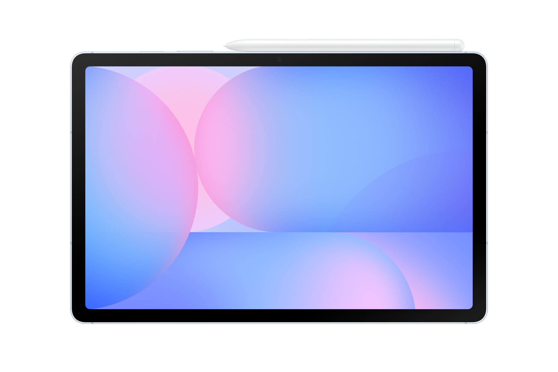 Ein Tablet mit rosa-blauem Hintergrund und einem Stift oben, auf schwarzem Grund.