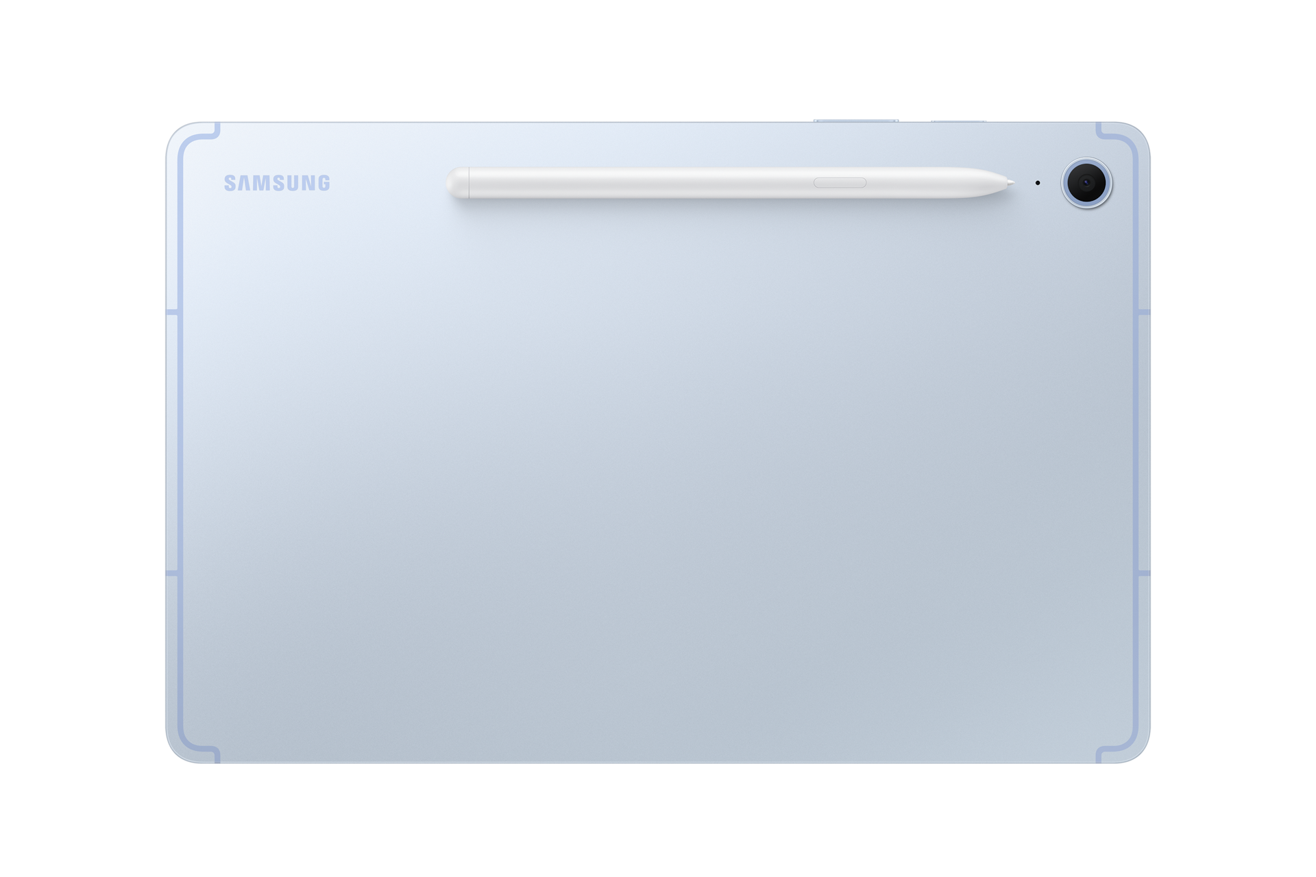Retro di un tablet Samsung azzurro con pennino bianco attaccato e fotocamera.