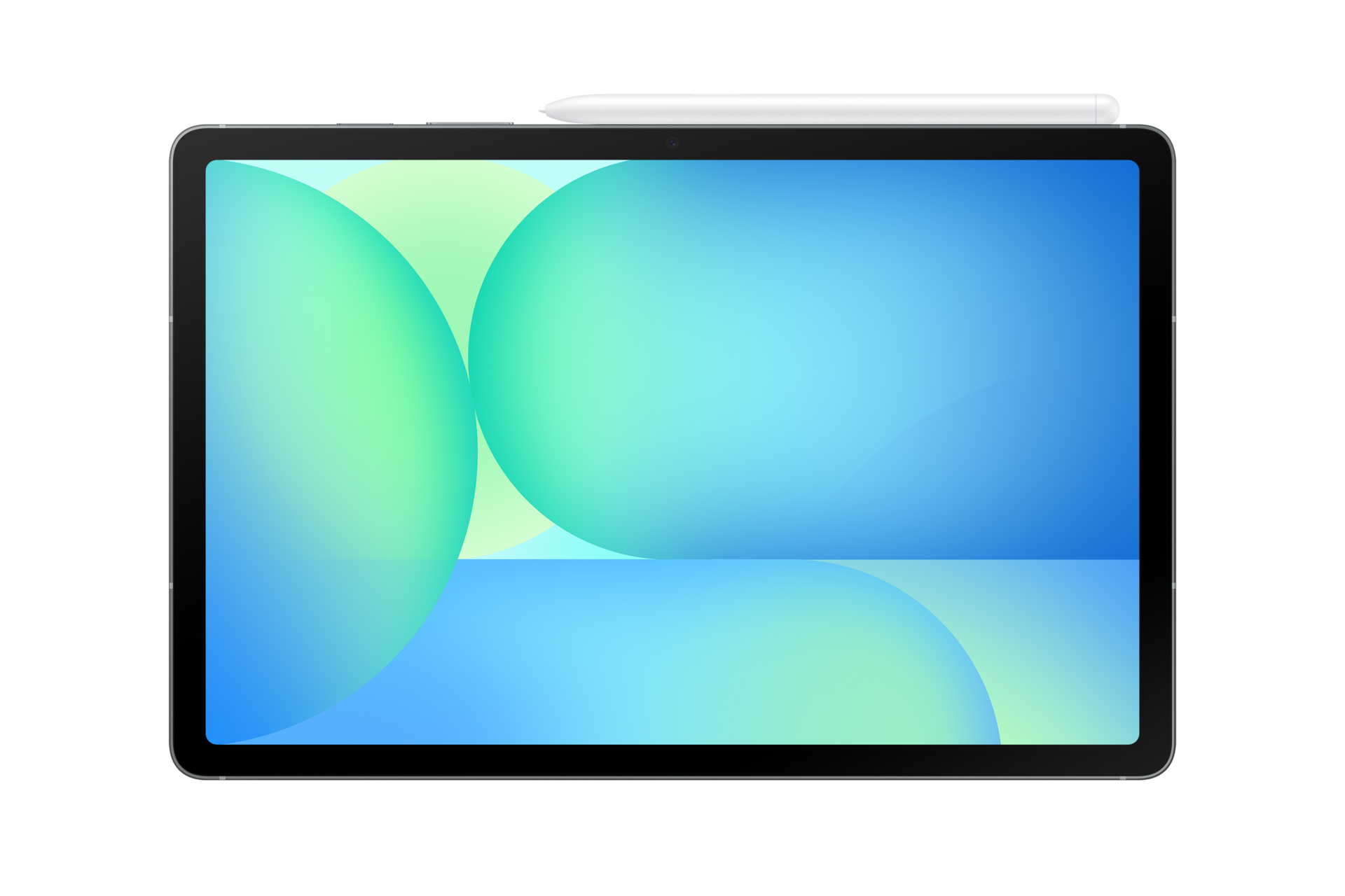 Ein Tablet mit blau-grünem Kreis-Hintergrund und einem weißen Stift oben auf dem schwarzen Hintergrund.