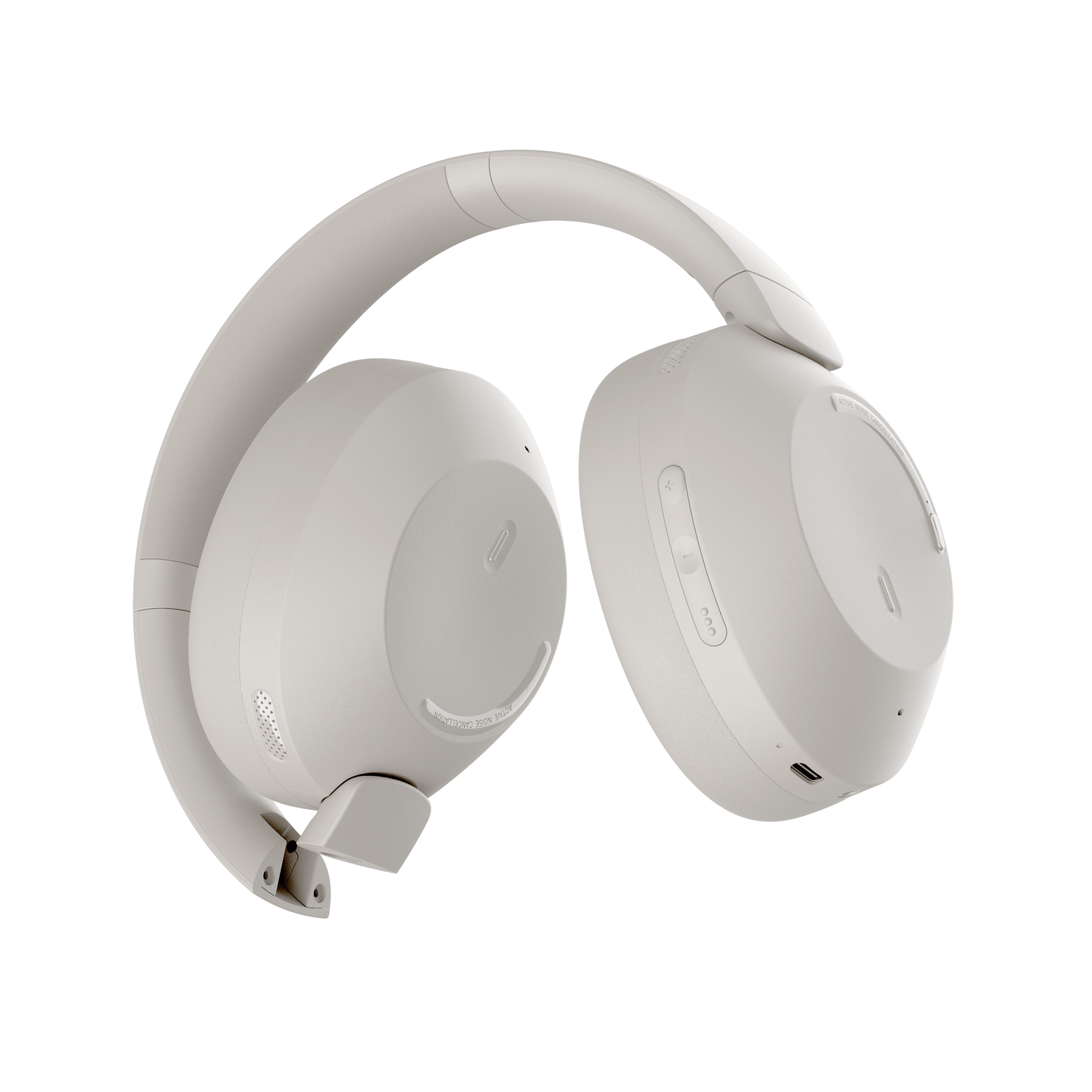 Creme-Over-Ear-Kopfhörer mit Bedienelementen auf weißem Hintergrund.