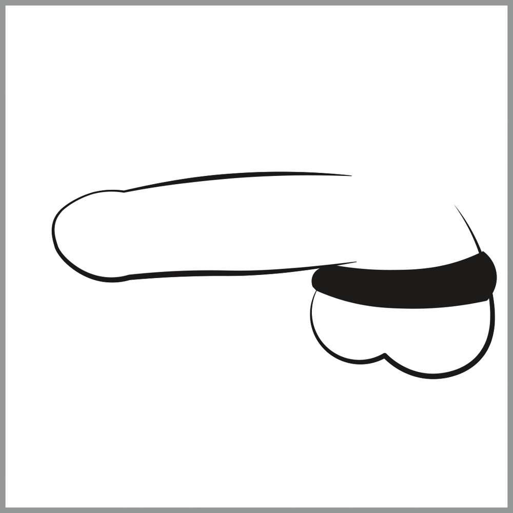 Stilisierte Strichzeichnung eines Penis mit Hoden auf weißem Grund.