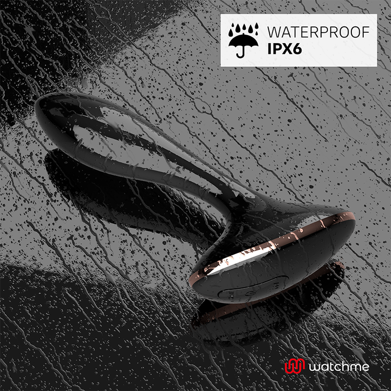 Dispositivo negro brillante con acento de cobre sobre fondo húmedo lluvioso con texto Waterproof IPX6.