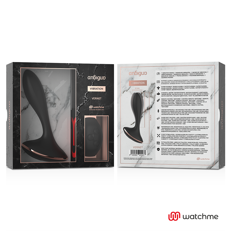 Empaque y parte trasera de un vibrador inalámbrico negro con control remoto y detalles del producto.