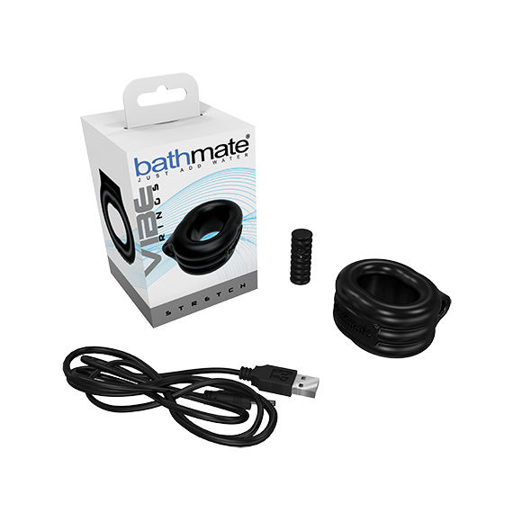 Anillo vibrador Bathmate en caja blanca con cable USB y accesorios sobre fondo blanco.