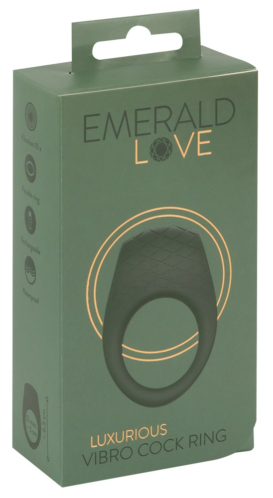 Grüne Schachtel für den luxuriösen Vibro-Hahnenring Emerald Love.