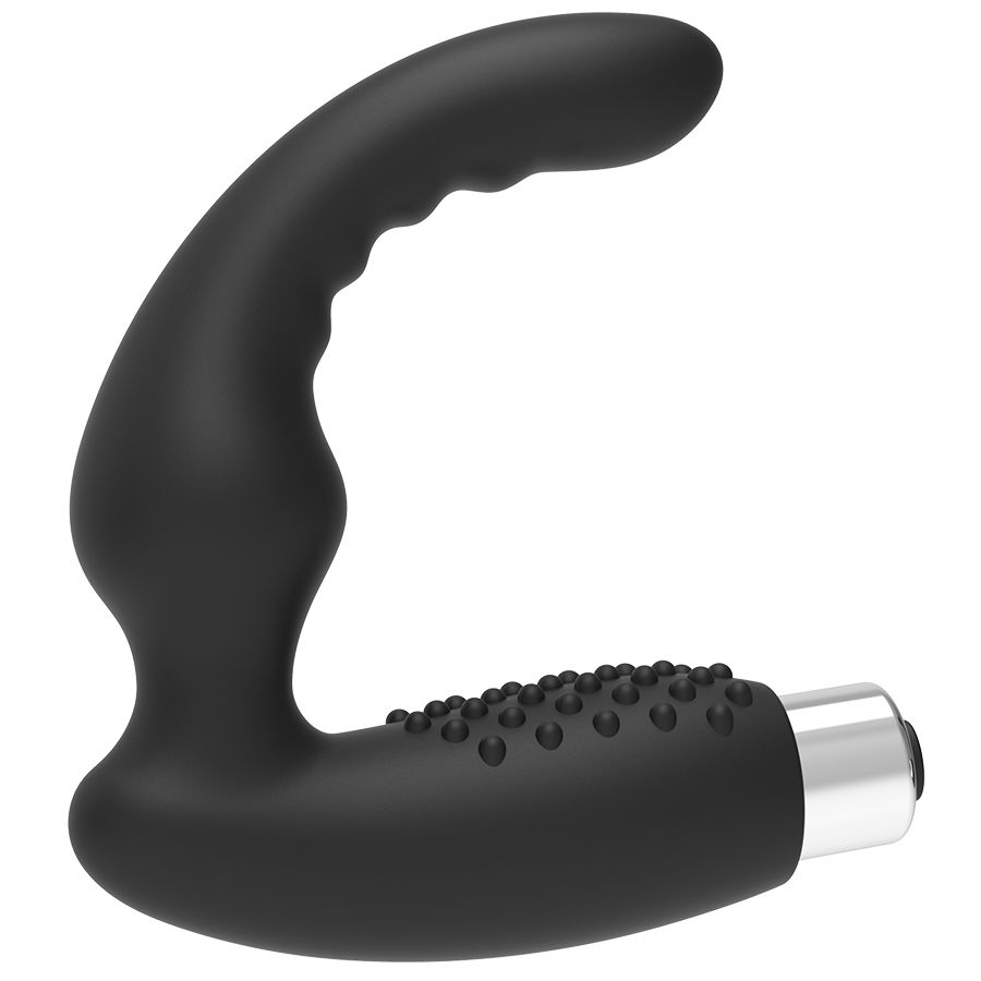Un masajeador negro curvado con una superficie texturizada y una base plateada.