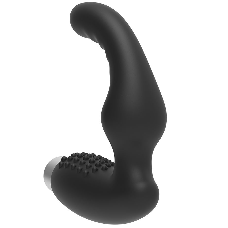 Un dispositivo de bienestar ergonómico negro con contornos redondeados y protuberancias texturizadas sobre fondo blanco.