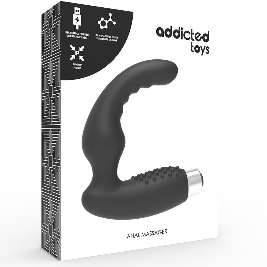 Empaque de un masajeador anal negro y curvo con protuberancias de Addicted Toys.