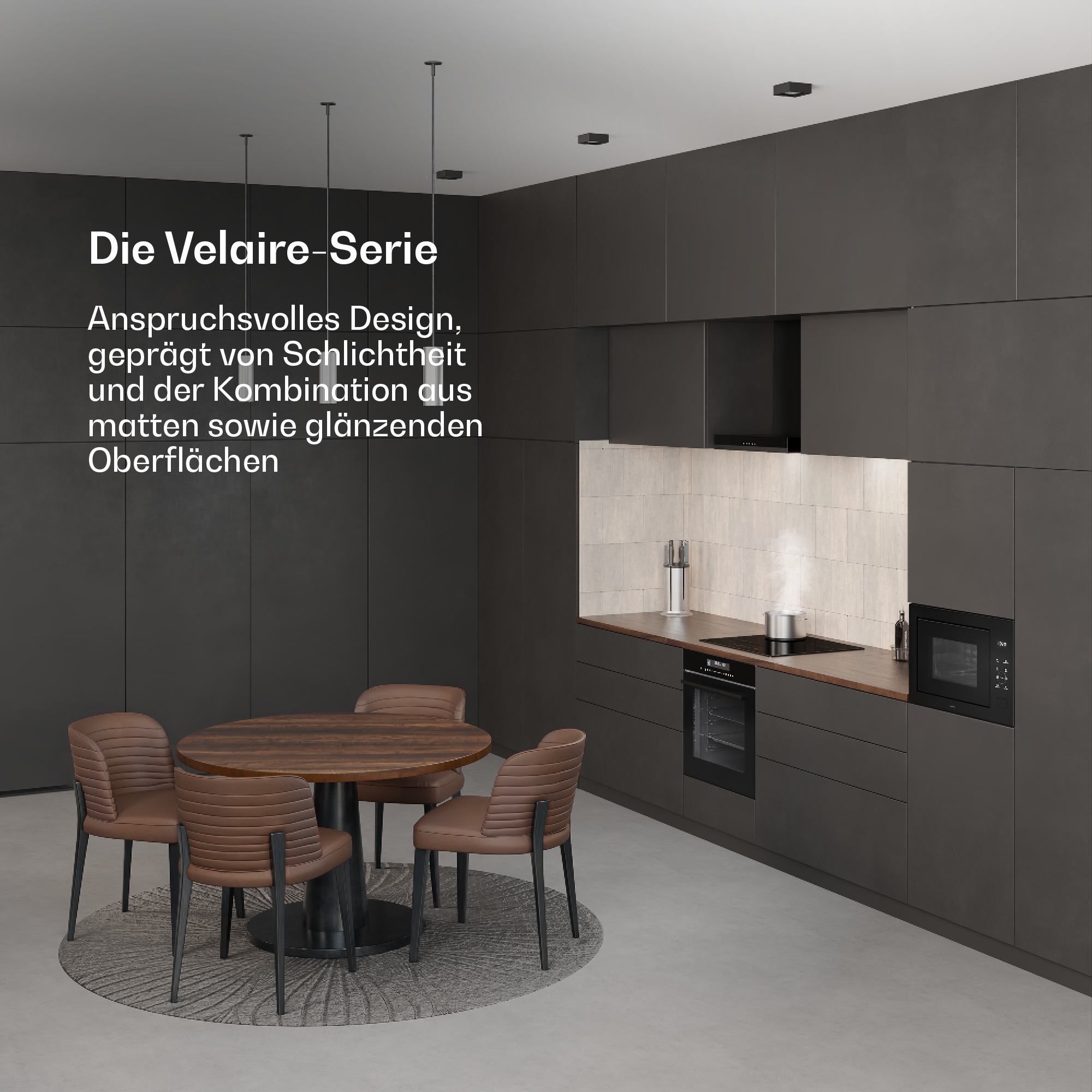 Moderne dunkle Küche mit Holztisch und vier braunen Stühlen auf einem runden Teppich.