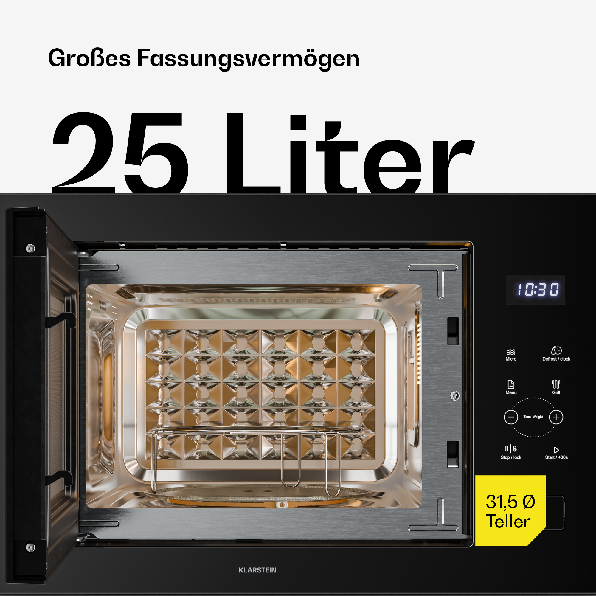 Schwarze Mikrowelle mit geöffneter Tür, Edelstahl-Innenraum, Grillrost und digitalen Bedienelementen.