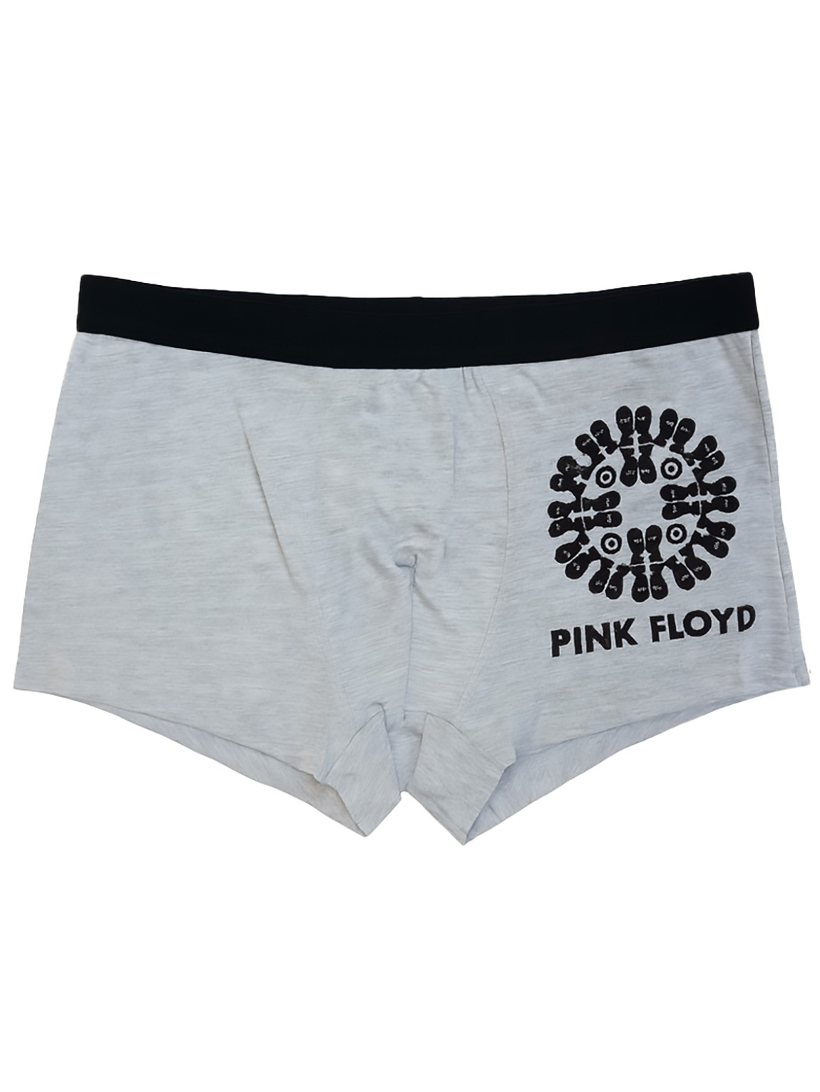 Hellgraue Boxershorts mit schwarzem Bund und Pink Floyd Motiv auf dem rechten Bein.